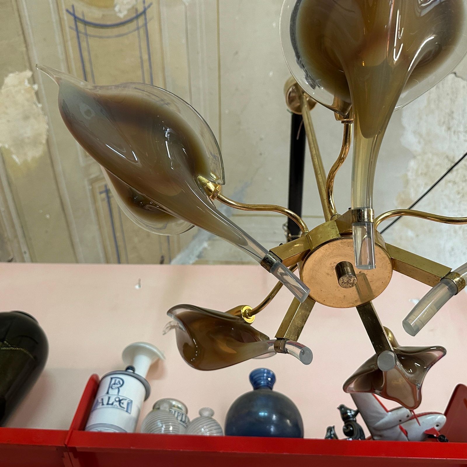 photo furniture 1970s Mid Century Modern Brown Murano Glass And Brass Chandelier By Franco Luce