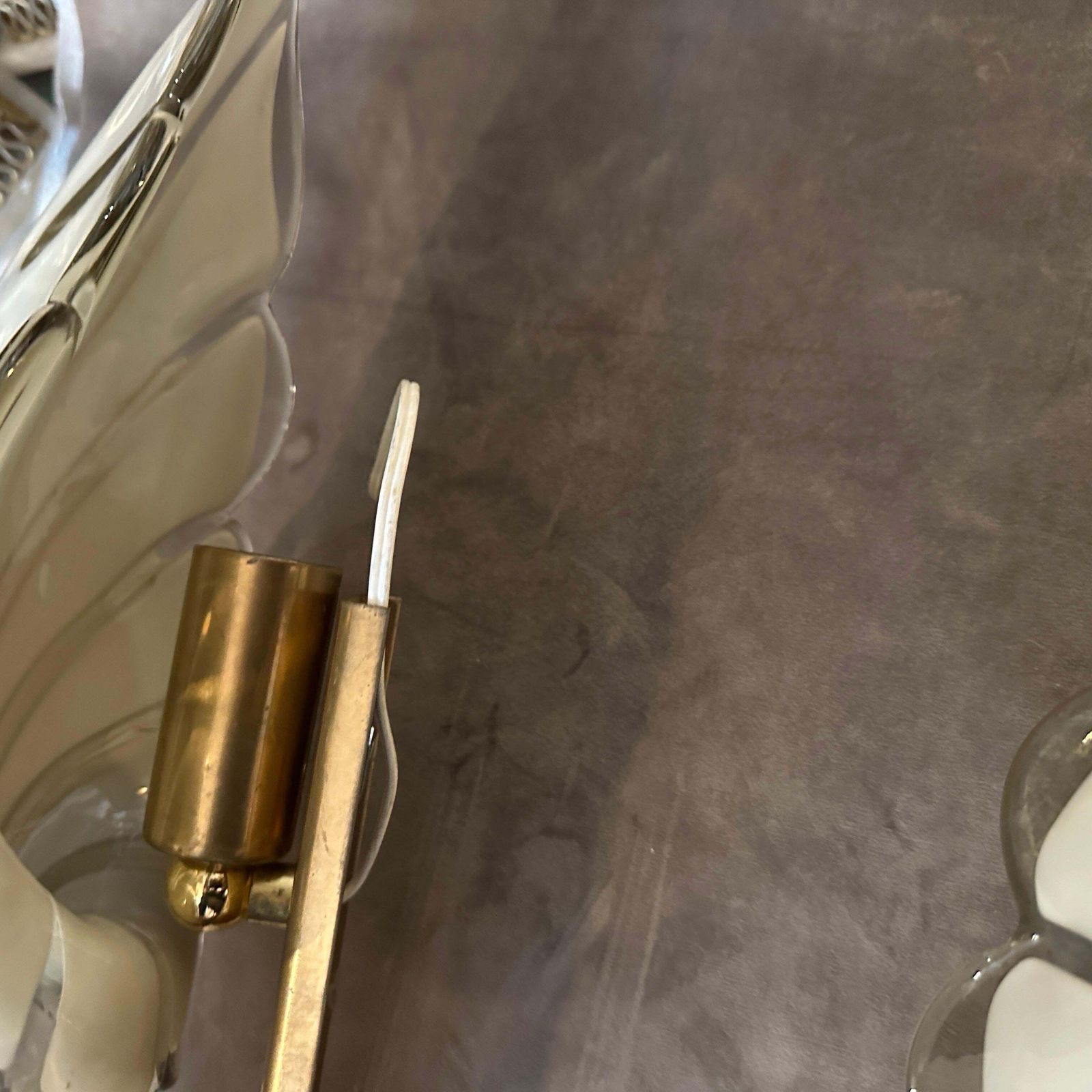 Lighting 1970s Mid Century Modern Light Grey And Brass Murano Glass Sconce By Franco Luce photo