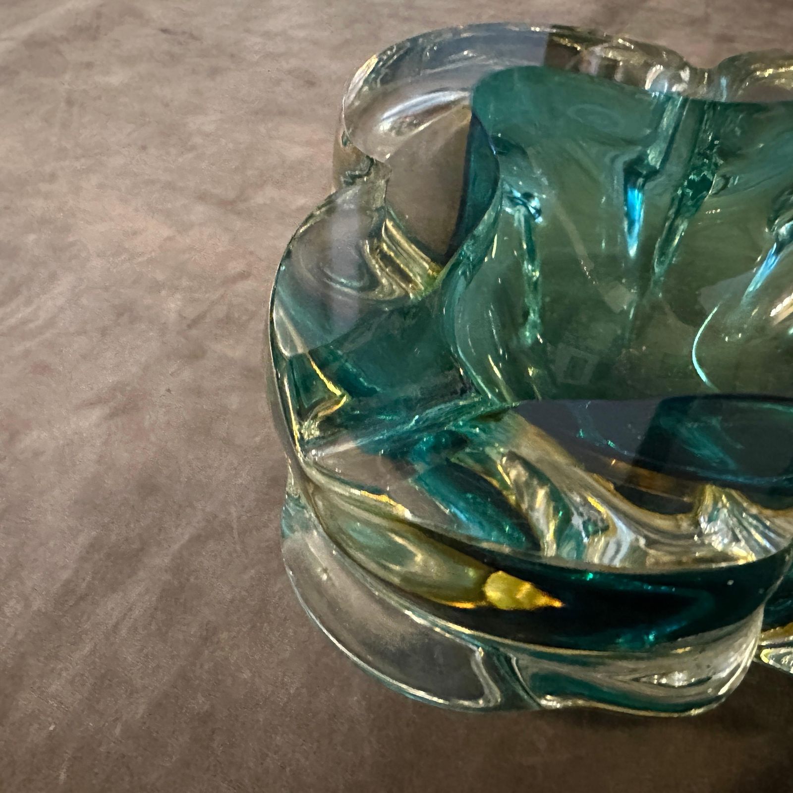 1960s Seguso Style Modern Heavy Green And Yellow Murano Glass Big Ashtray photo furniture