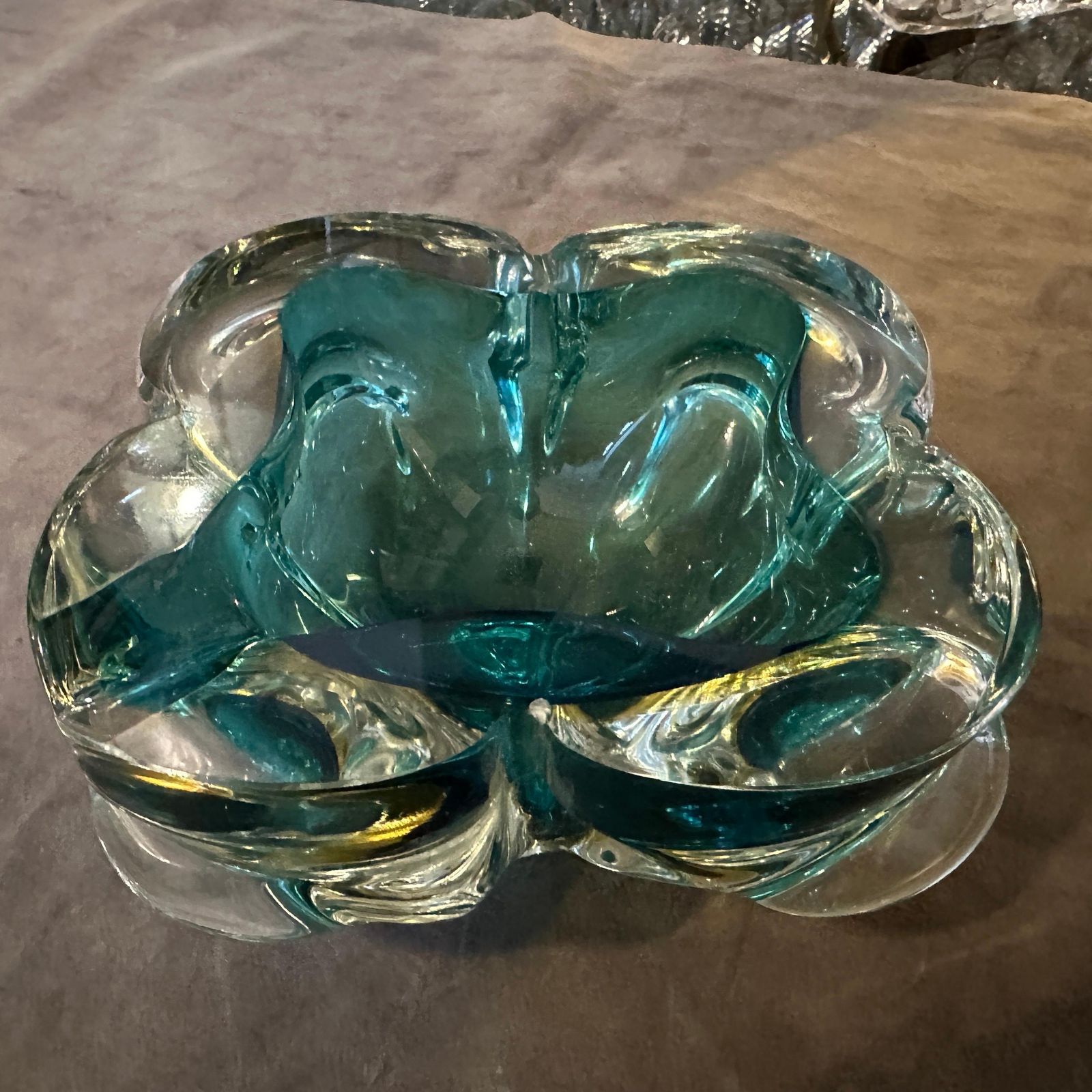 1960s Seguso Style Modern Heavy Green And Yellow Murano Glass Big Ashtray photo buy