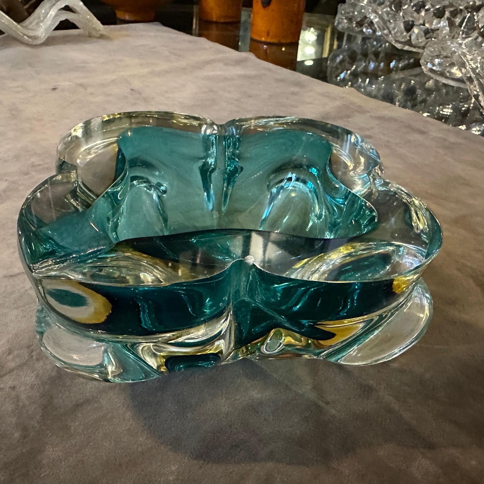 Home Decor 1960s Seguso Style Modern Heavy Green And Yellow Murano Glass Big Ashtray photo