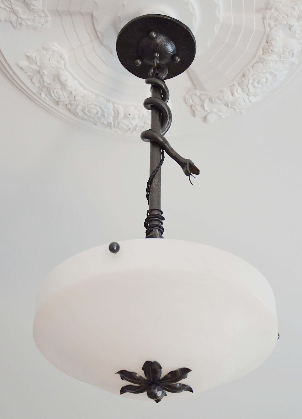 French Art Deco Wrought Iron Snake And Alabaster Pendant Chandelier, 1928 photo buy