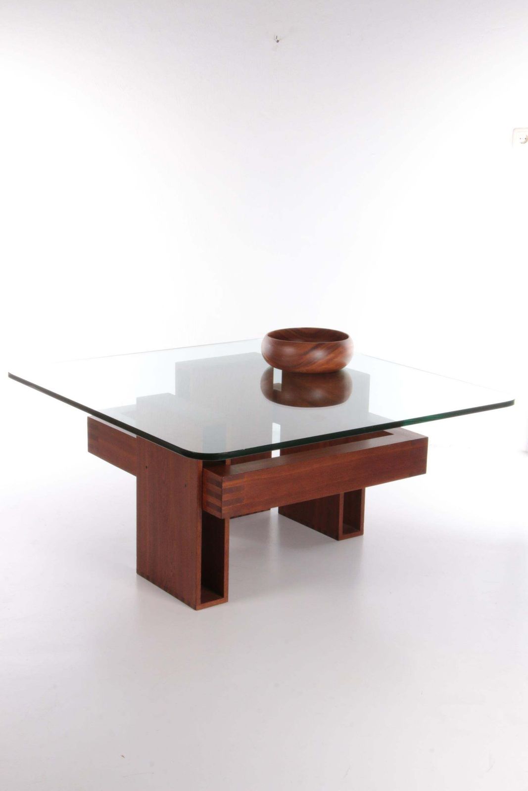 French Brutalist Design Coffee Table Of Teak With Glass Top, 1970 photo furniture