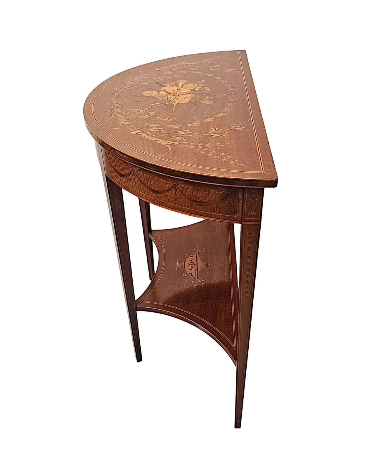 A Very Rare Edwardian Marquetry Inlaid Demilune Hall Or Console Table Attributed To London Maker 'Edward And Roberts' photo Furniture