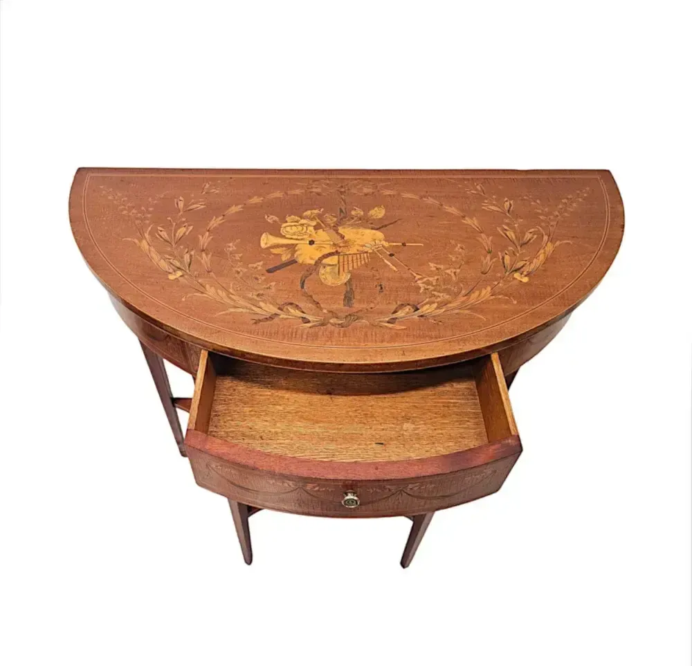 A Very Rare Edwardian Marquetry Inlaid Demilune Hall Or Console Table Attributed To London Maker 'Edward And Roberts' photo buy