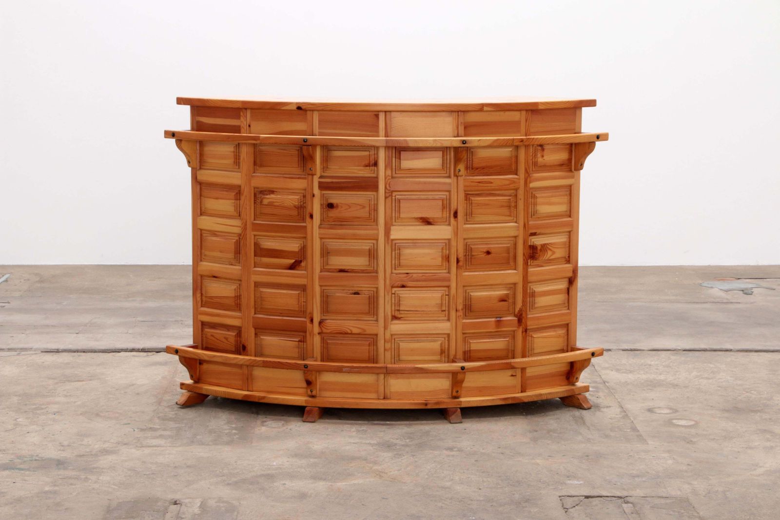 Furniture Brutalist Mid Century Wooden Bar With 3 Bar Chairs, 1970s photo