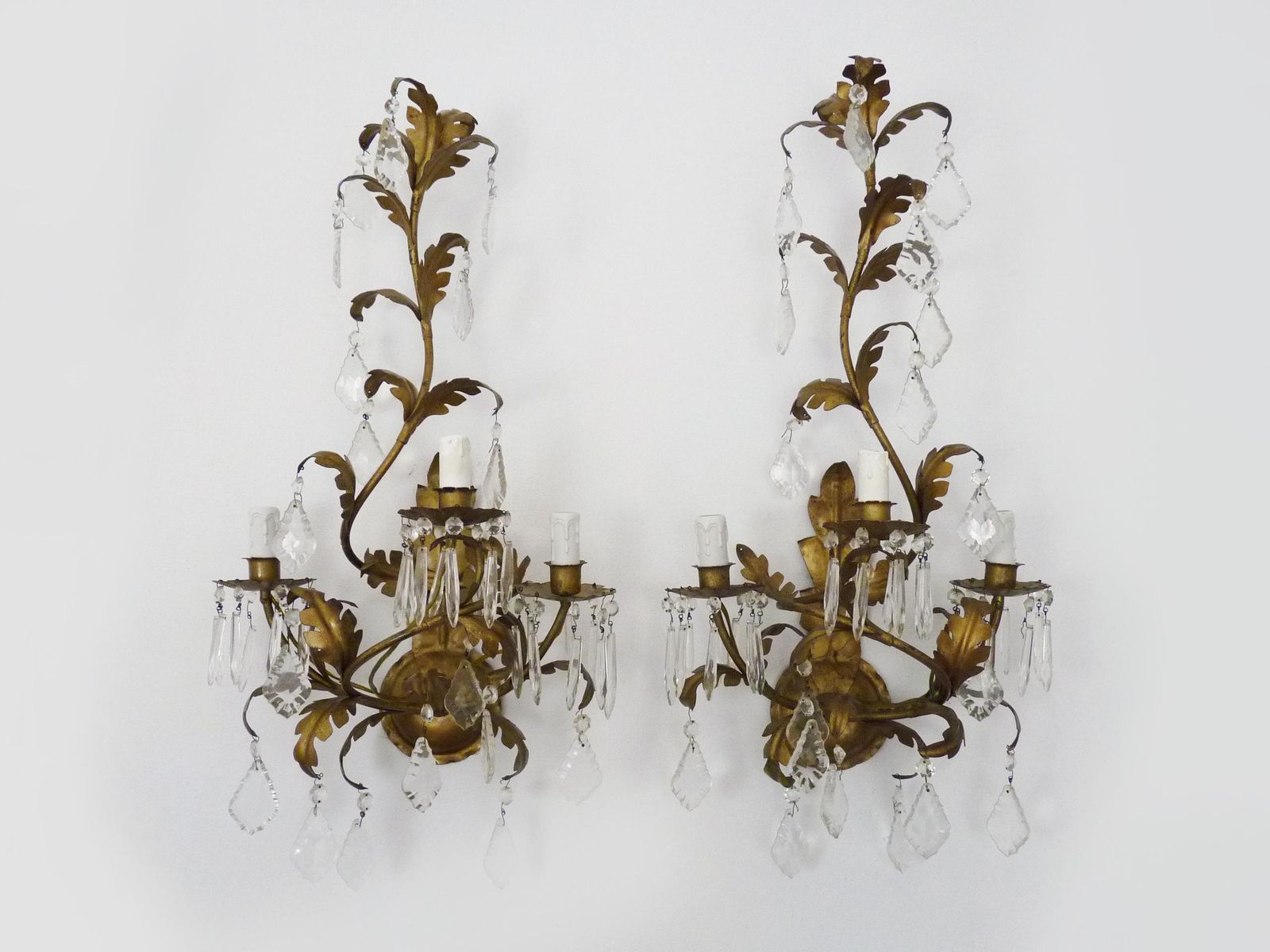 Large (70 Cm   27.55 ") Pair Of Foliage Wall Lights With 3 Arms Of Lights In Gold Metal. 60s 70s
