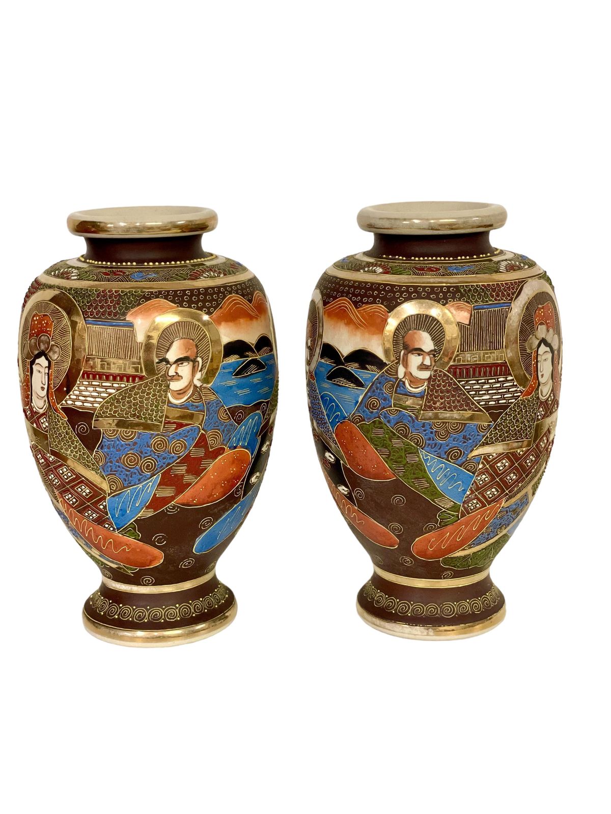 photo for sale Pair Of Japanese Satsuma 'Moriage' Porcelain Gilt Vases