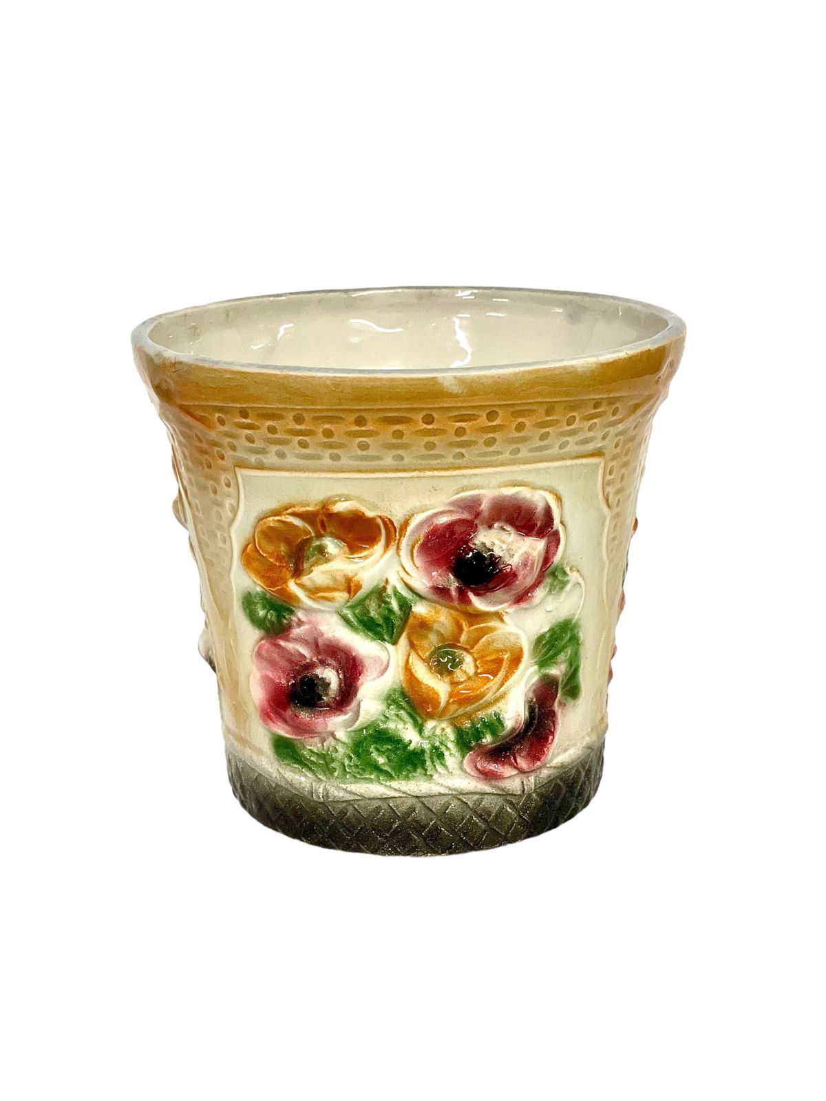 19th Century French Majolica Cache Pot With Poppies Decor photo for sale