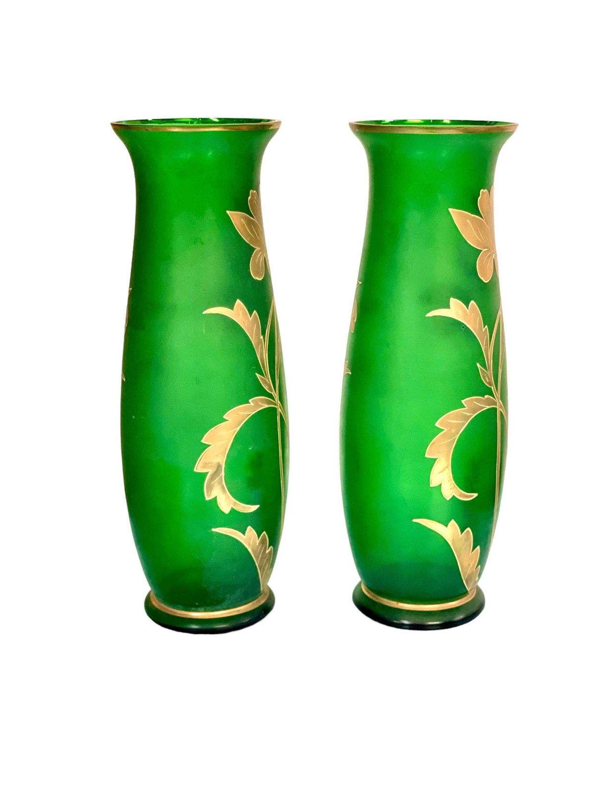 Pair Of Antique Bohemian Gilt And Green Glass Vases photo Home Decor
