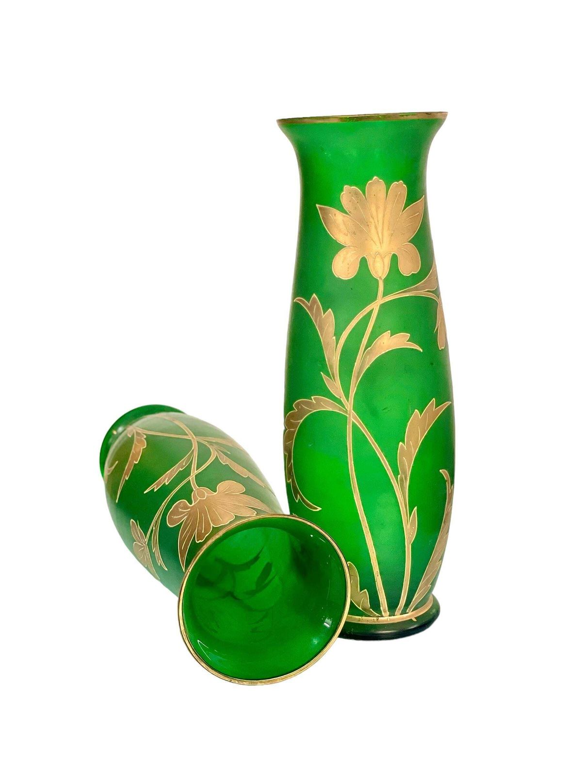 Pair Of Antique Bohemian Gilt And Green Glass Vases photo 889.0