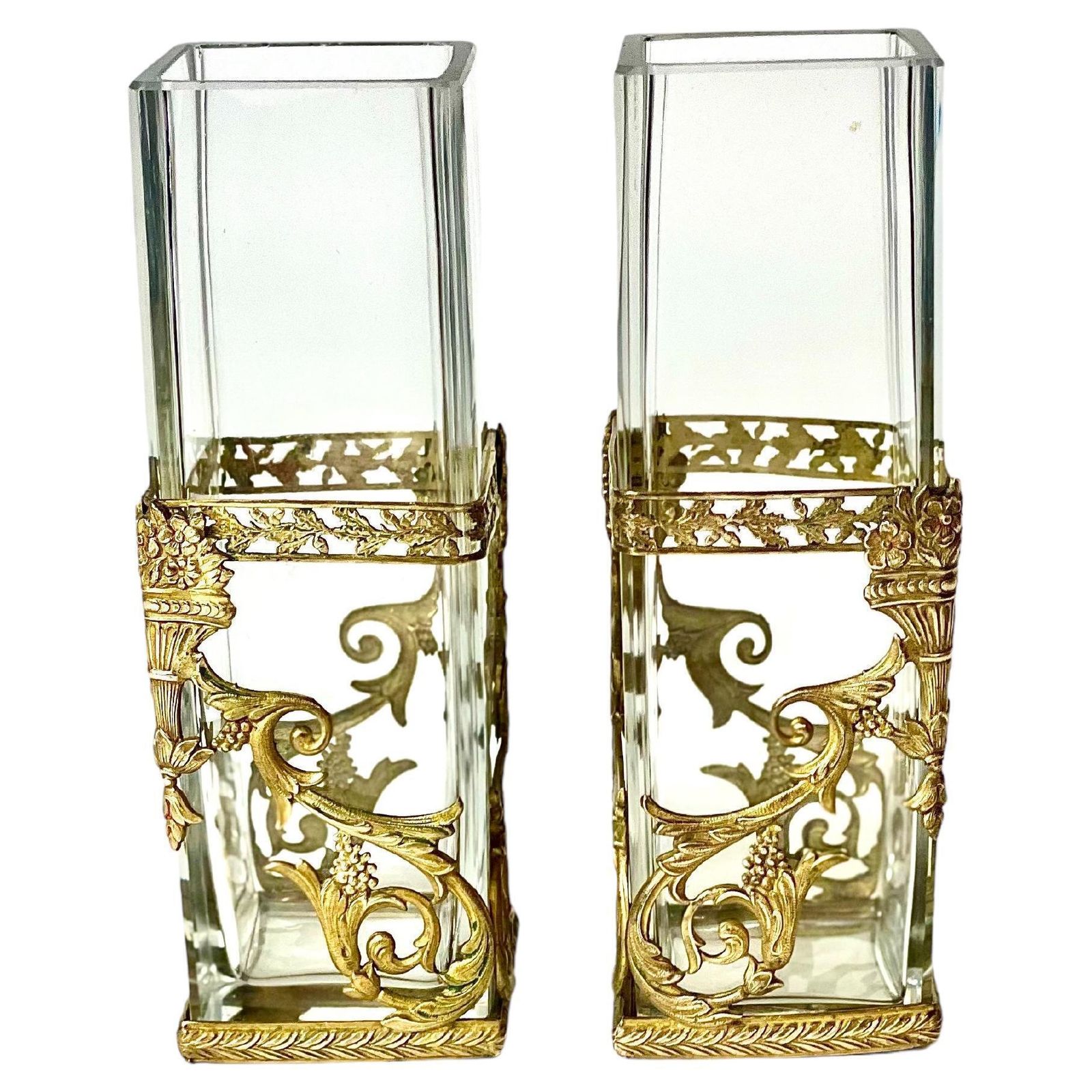 1900s Pair Of Empire Style Petite Gilt Vases
