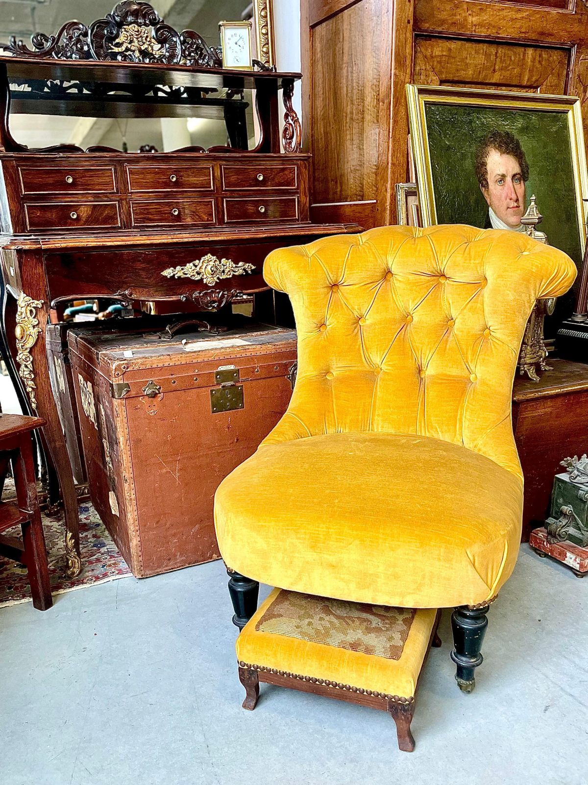 photo for sale 1860s French Fireside Chair And Matching Footstool