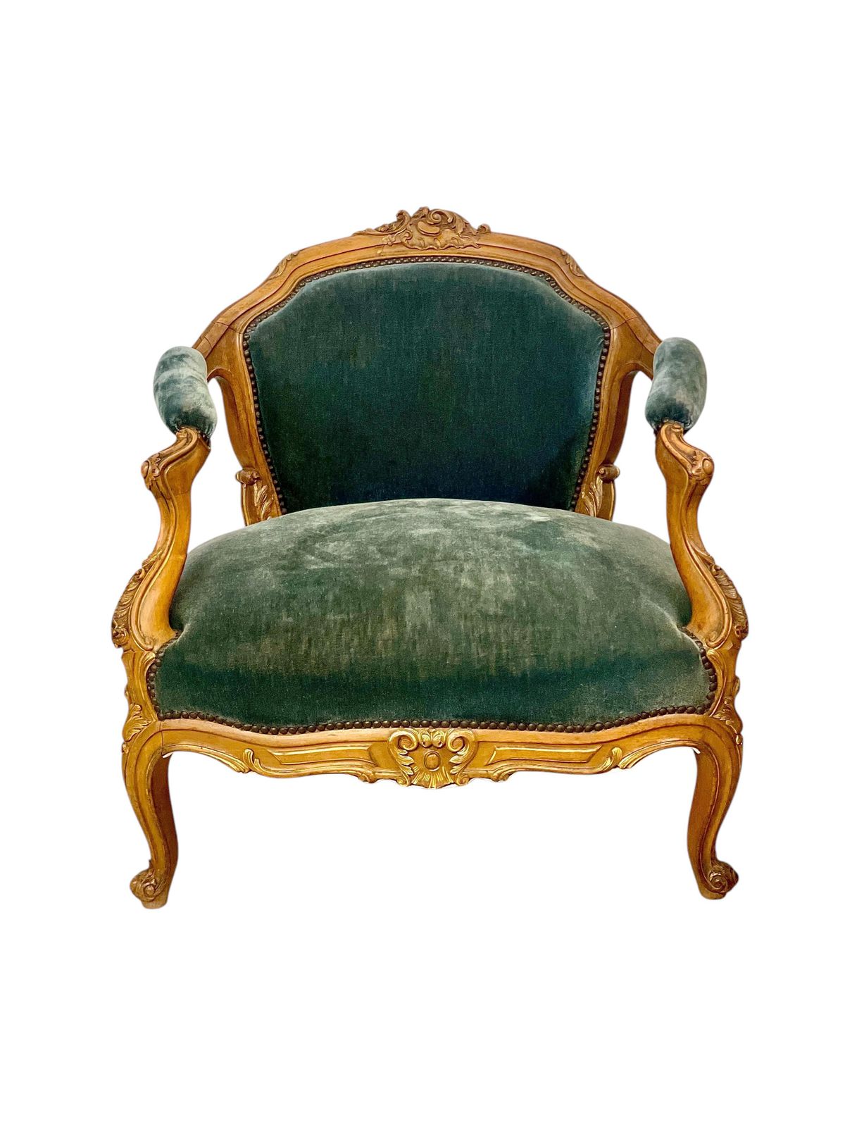 19th Century Lounge Armchair In Carved Giltwood And Velvet photo vinterior