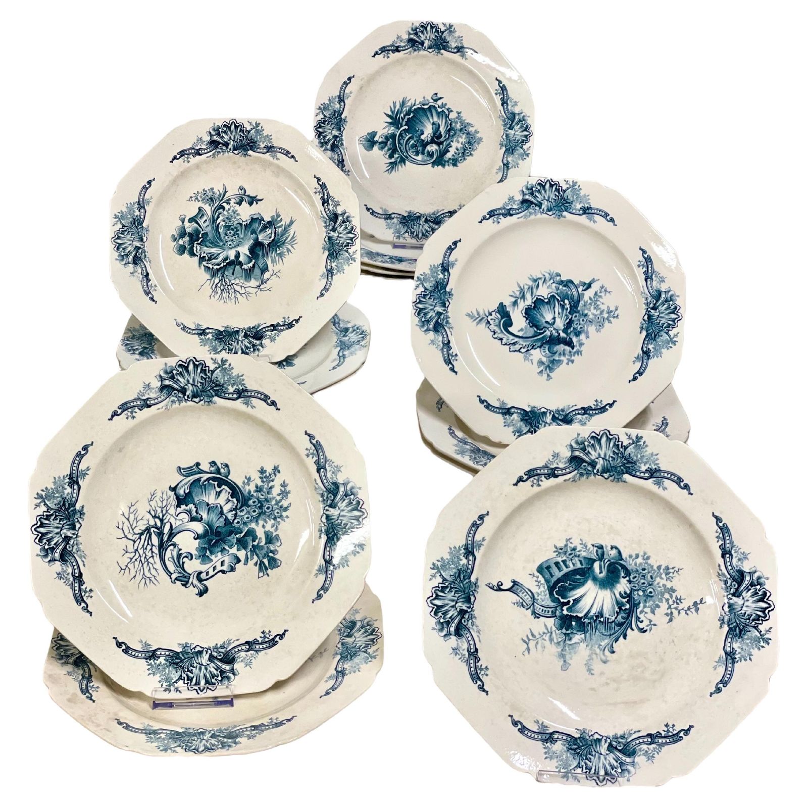 Set Of 12 Blue And White Ironstone Dinner Plates By Hautin Boulenger & Cie