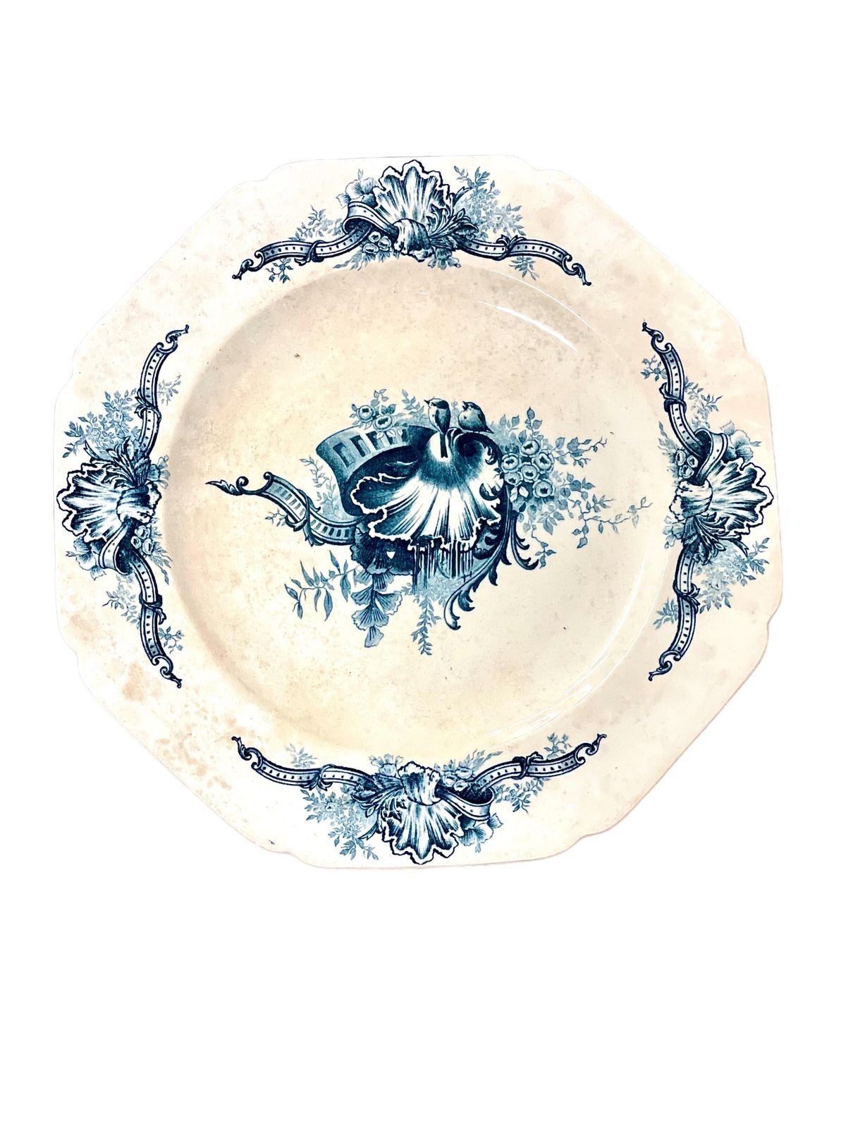 Set Of 12 Blue And White Ironstone Dinner Plates By Hautin Boulenger & Cie photo vinterior