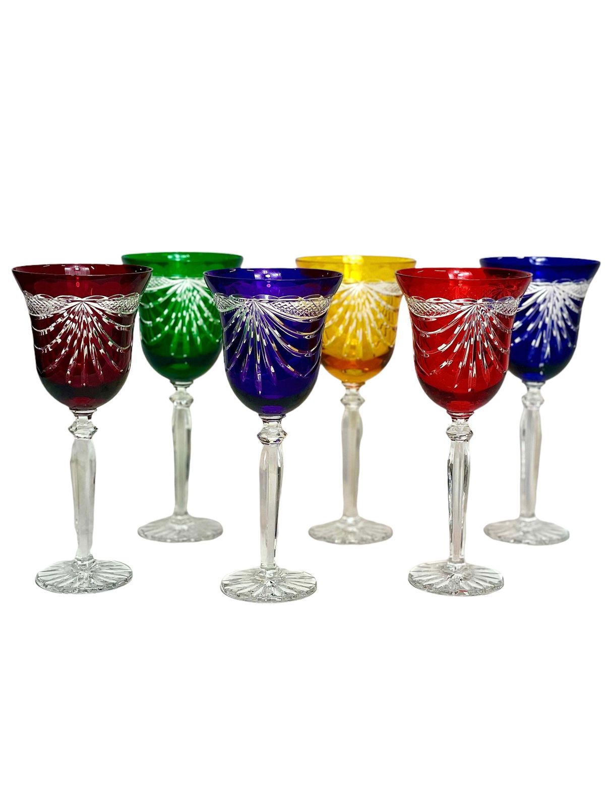 Set Of Six French Multi Coloured Crystal Hand Cut Rhine Wine Glasses With Swag photo furniture