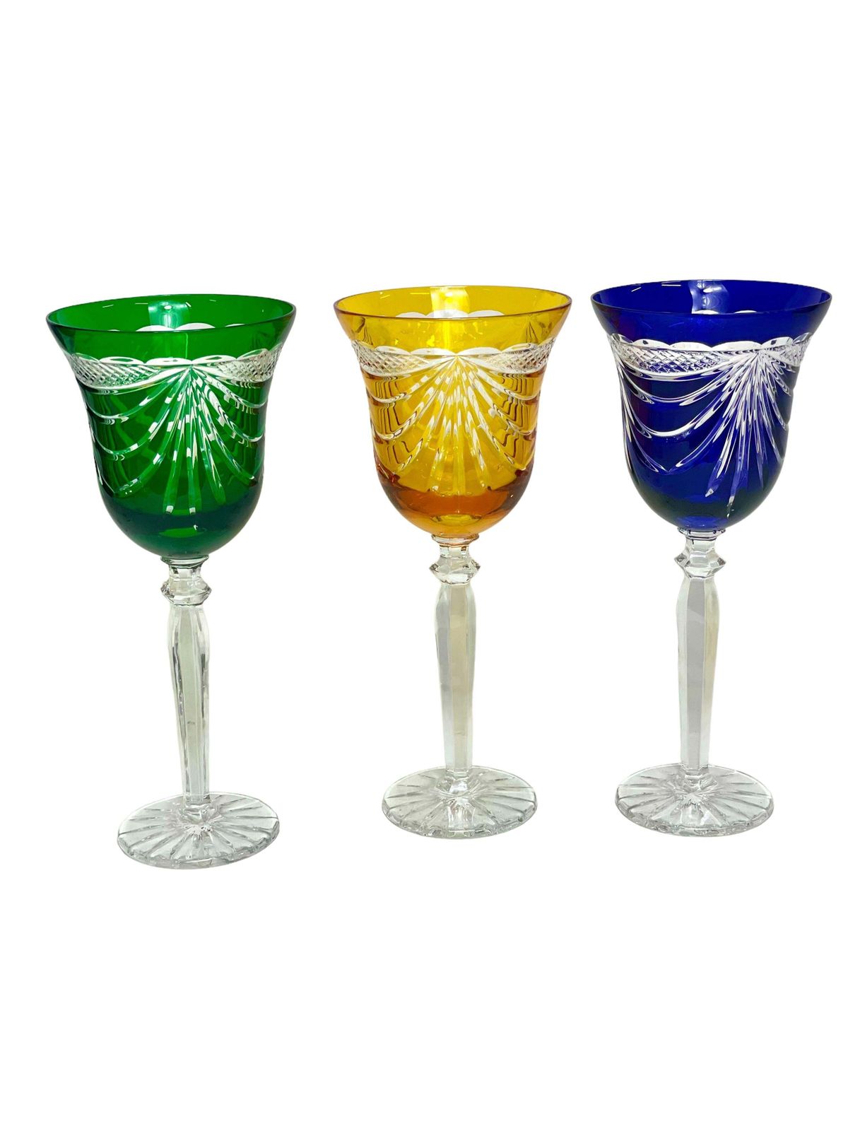 Set Of Six French Multi Coloured Crystal Hand Cut Rhine Wine Glasses With Swag photo Home Decor
