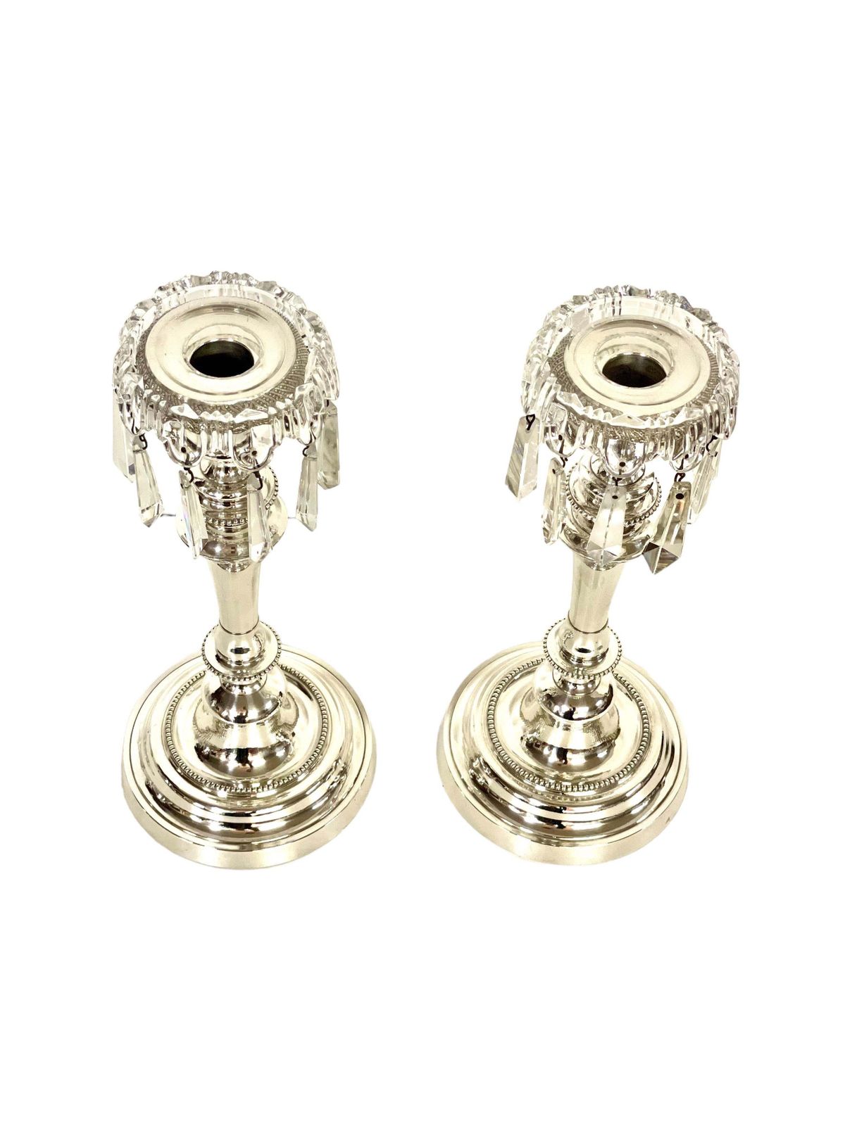 Louis XVI Style Pair Of Silver Plated And Crystal Candle Holders By Morlot photo vinterior