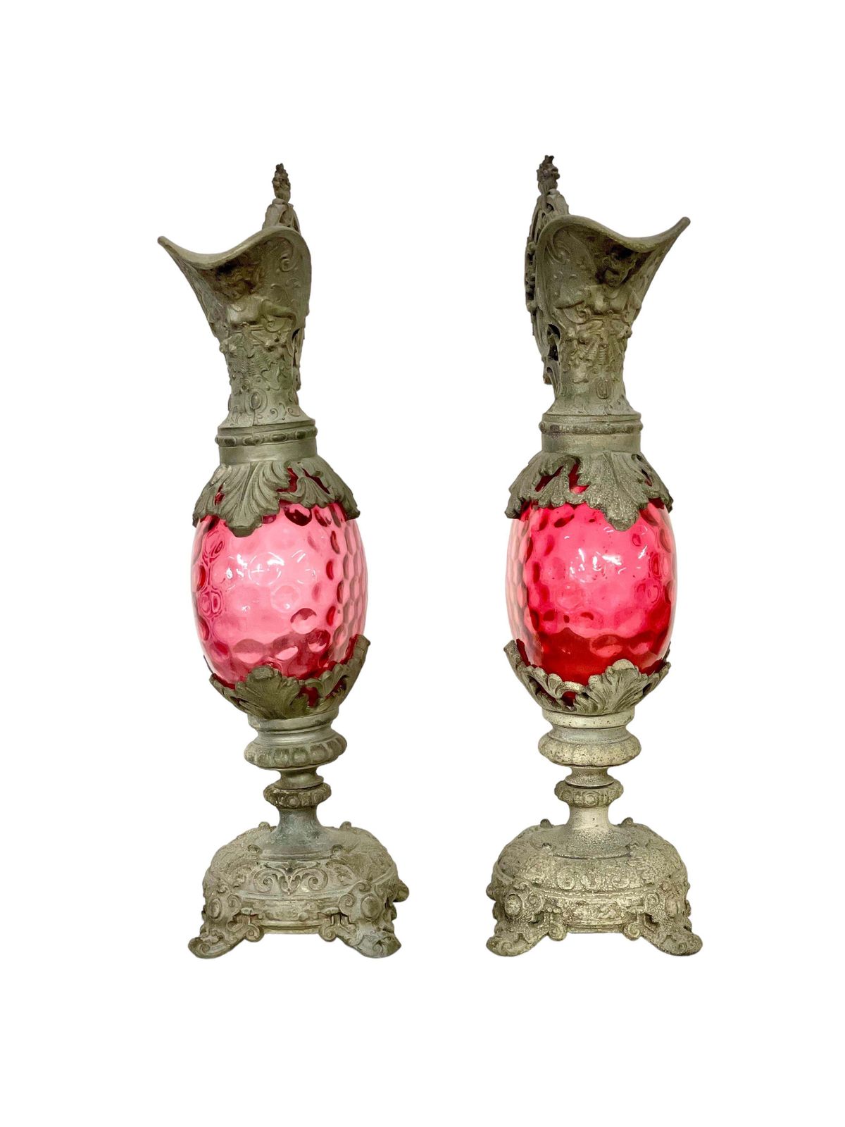 19th Century French Pair Of Tall Silver Plated Ewers With Pink Glass photo furniture