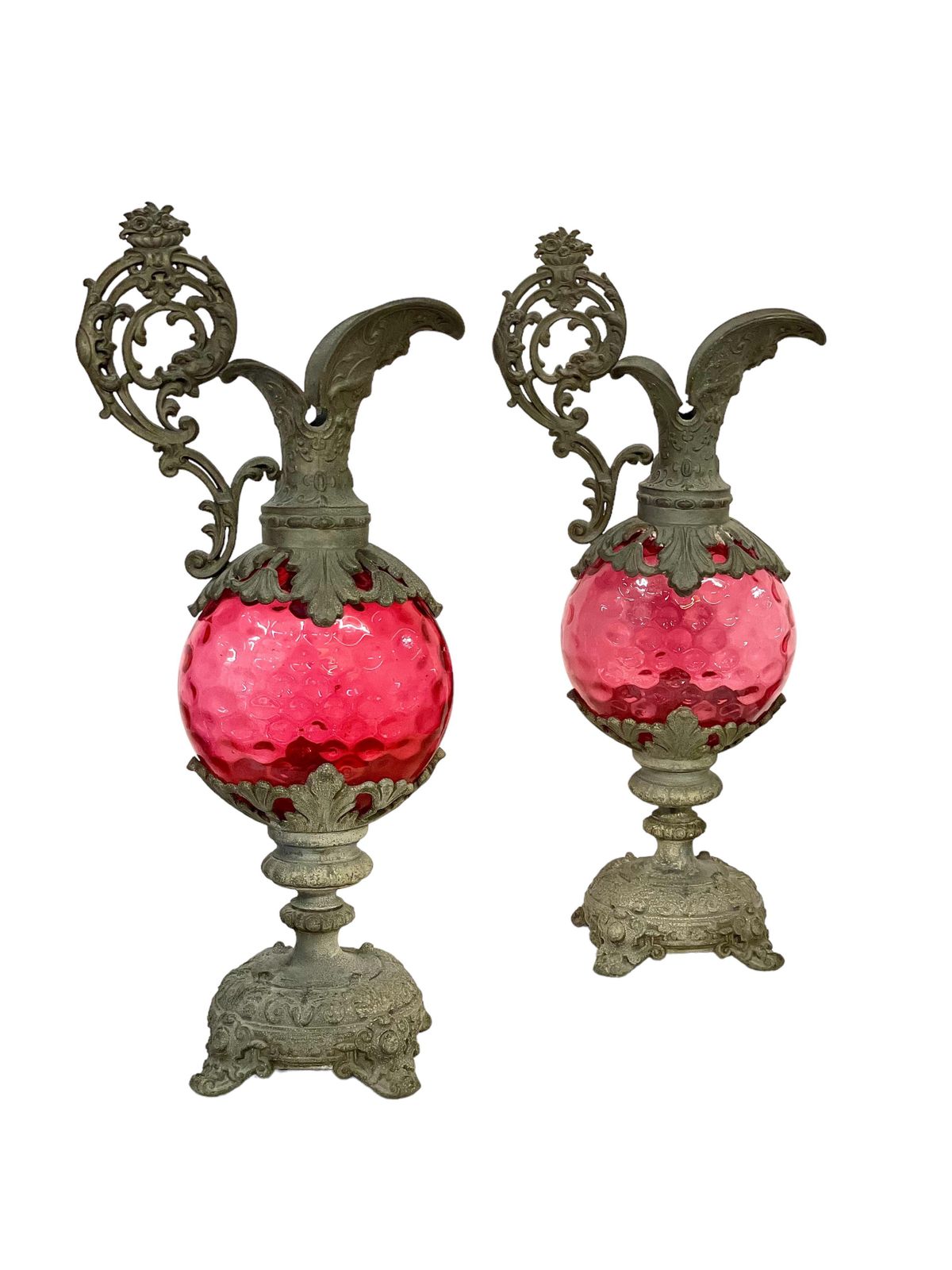 photo for sale 19th Century French Pair Of Tall Silver Plated Ewers With Pink Glass
