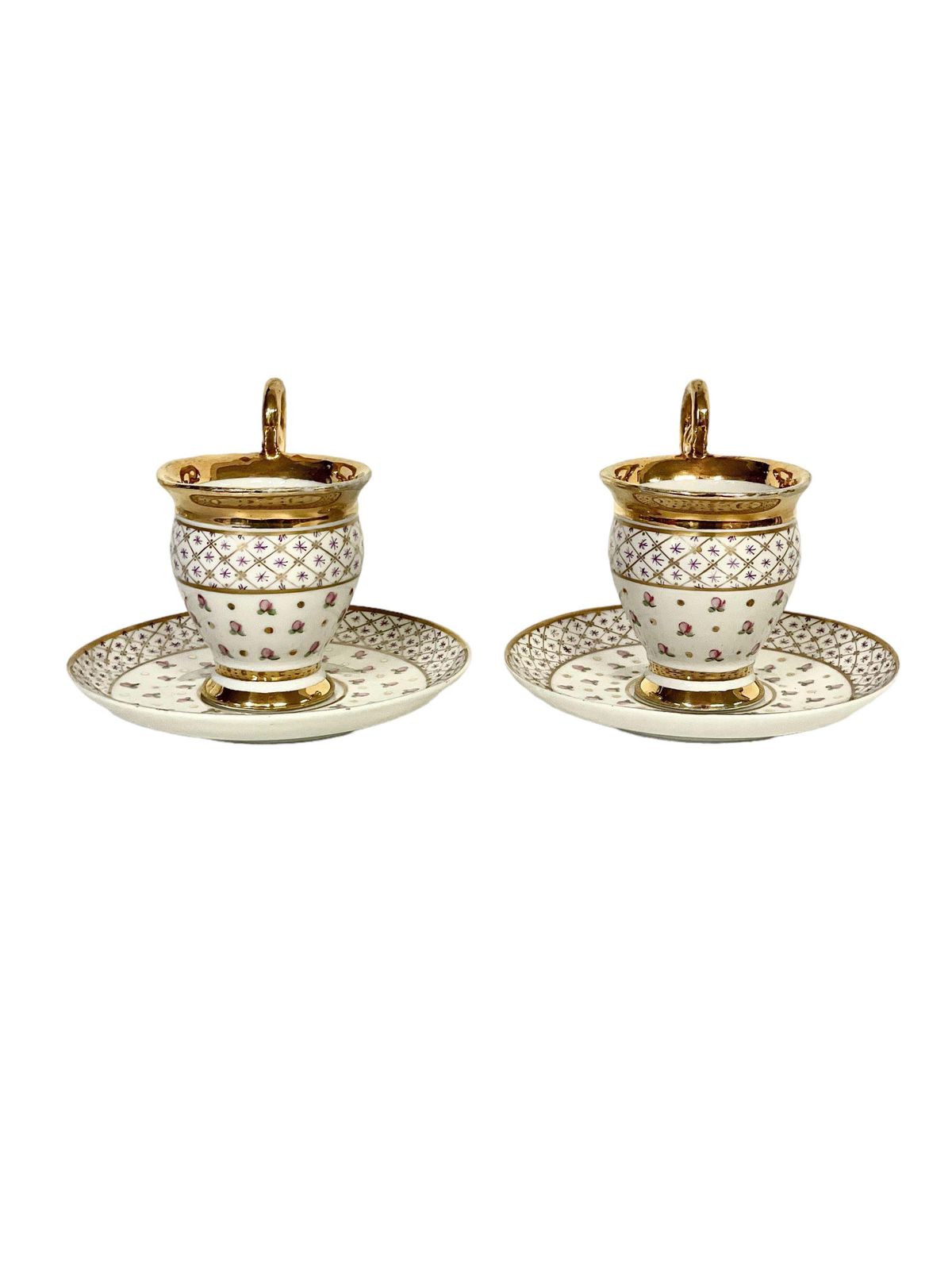 Antique Pair Of Paris Porcelain Gilded Coffee Cups And Saucers photo buy