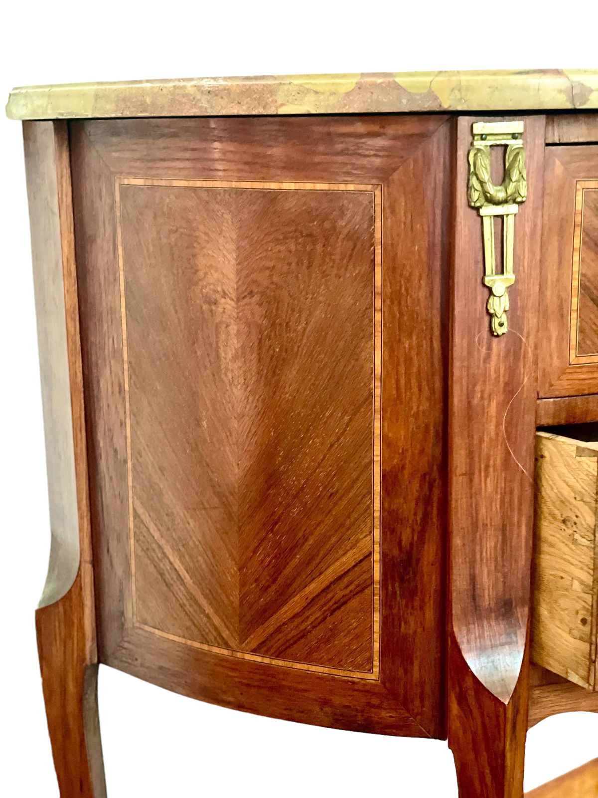 French Louis XVI Style Demi Lune Two Drawer Commode With Marble Top photo for sale