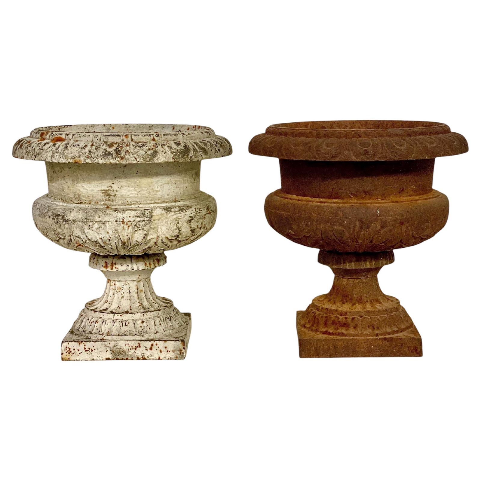 19th Century Pair Of Petite Louis XVI Cast Iron Garden Urns