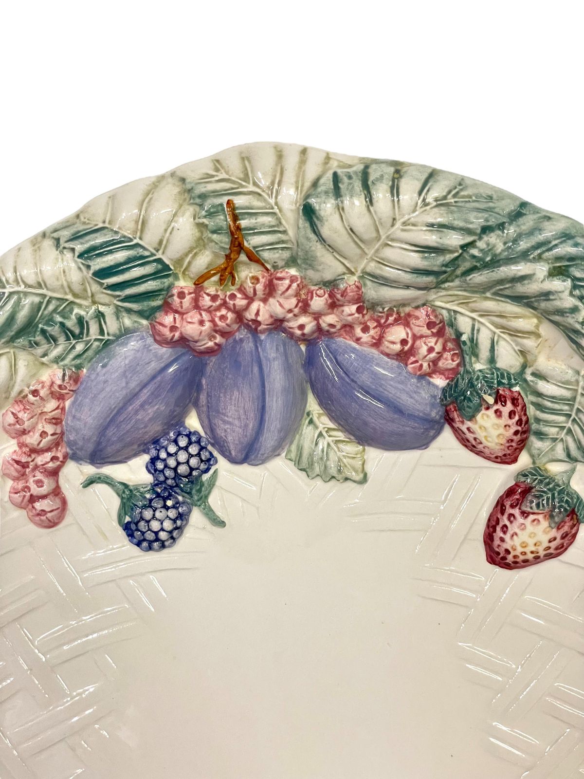 French Majolica Embossed Oval Serving Platter With Decoration Of Fruit photo for sale