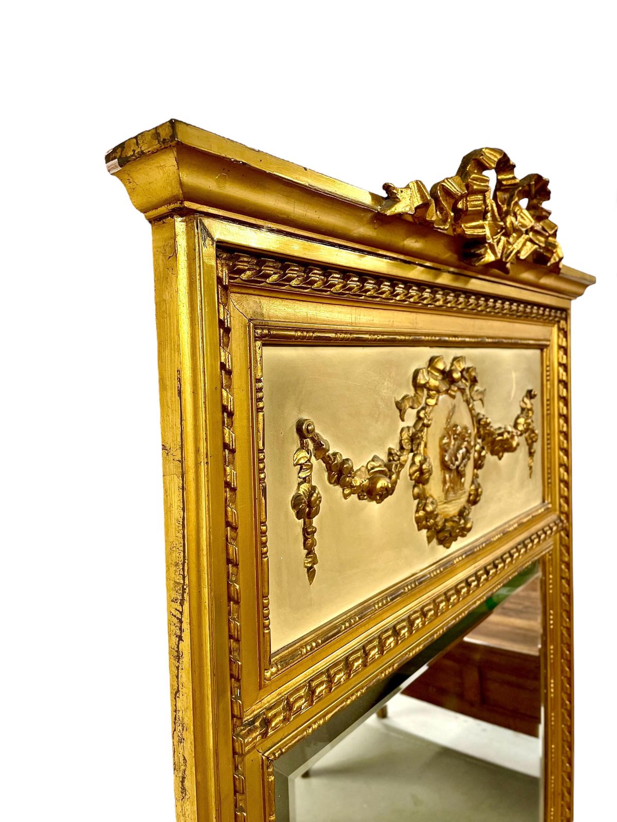 19th Century Louis XVI Trumeau Gilded Mirror With Mischievous Cherubs Design photo furniture