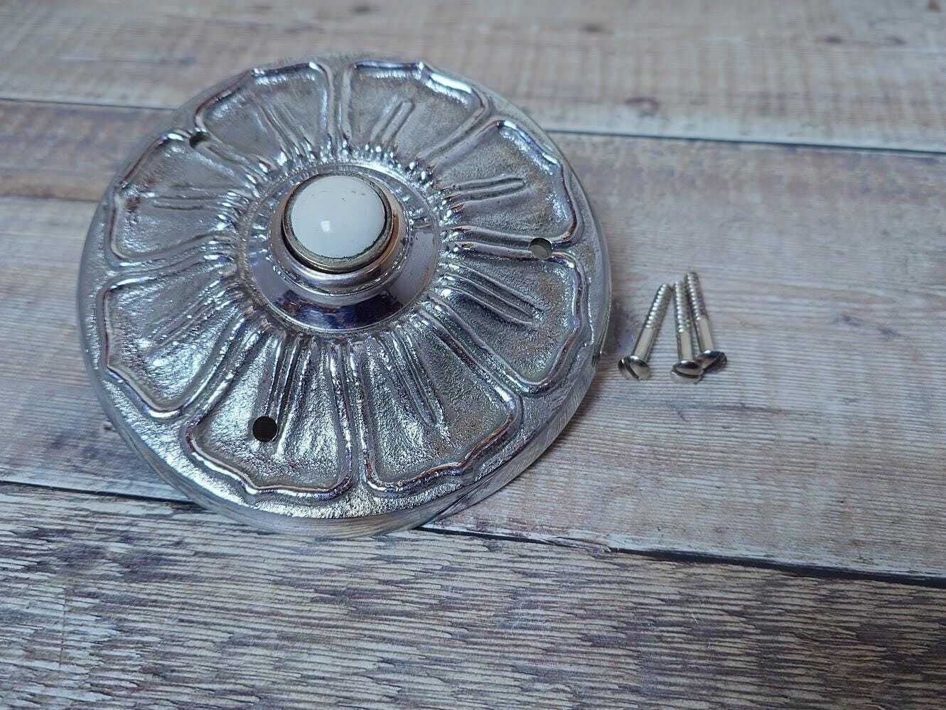 Large Nickel Plated Brass Door Bell Press, Nickel Doorbell Press Button photo vintage