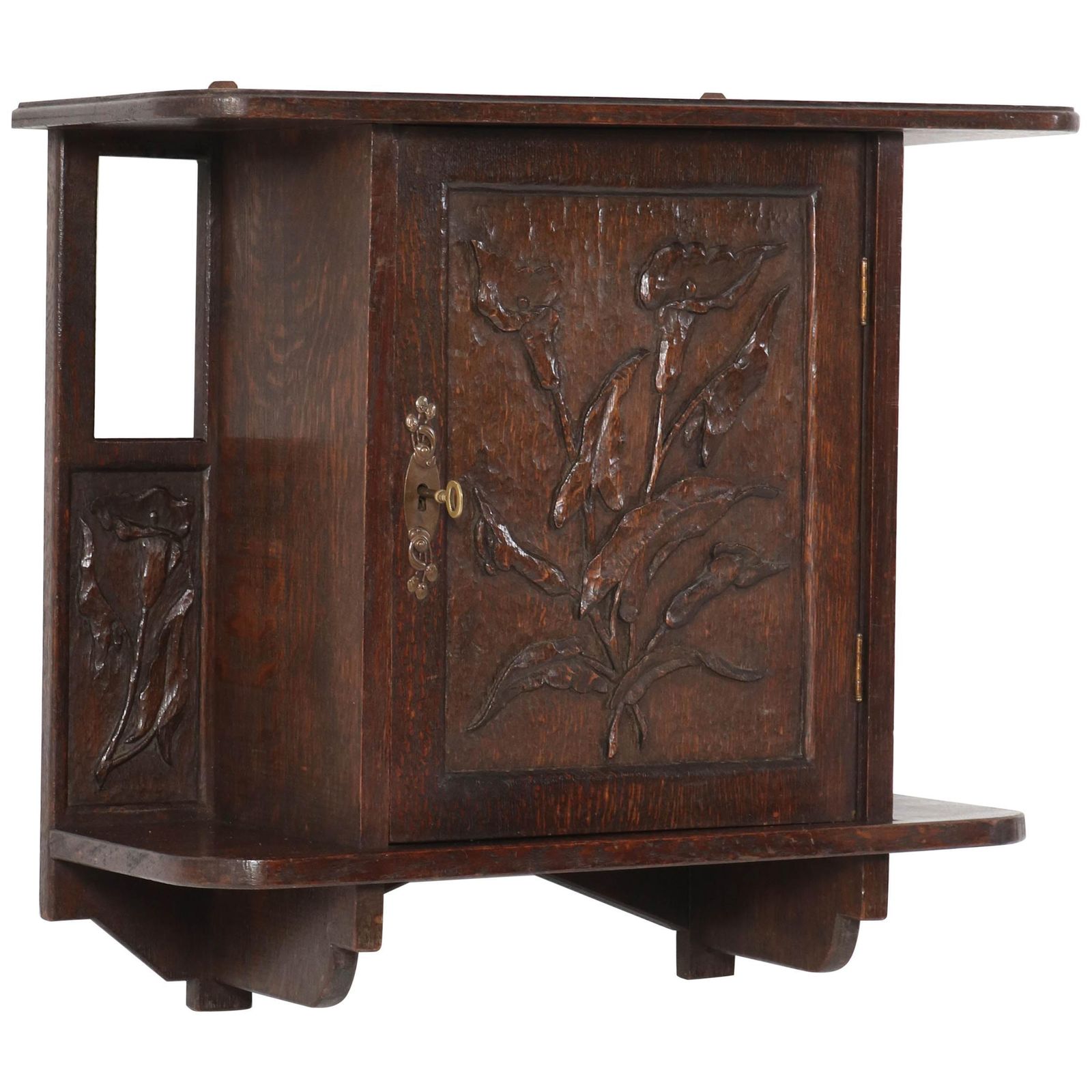 Oak Arts & Crafts Art Nouveau Wall Cabinet With Calla Lilies, 1900s