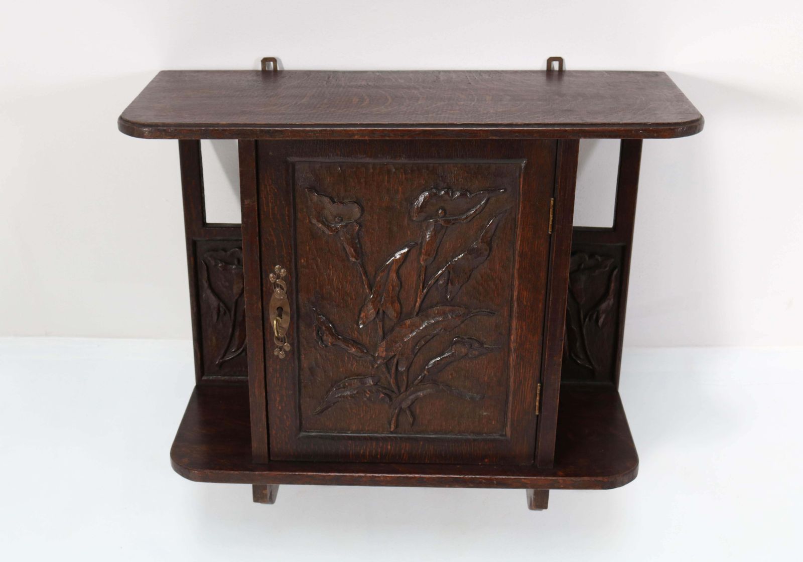 Oak Arts & Crafts Art Nouveau Wall Cabinet With Calla Lilies, 1900s photo for sale