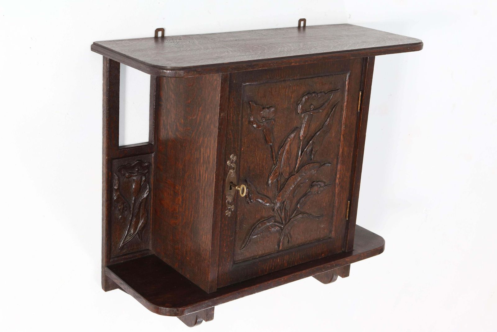 Oak Arts & Crafts Art Nouveau Wall Cabinet With Calla Lilies, 1900s photo vinterior