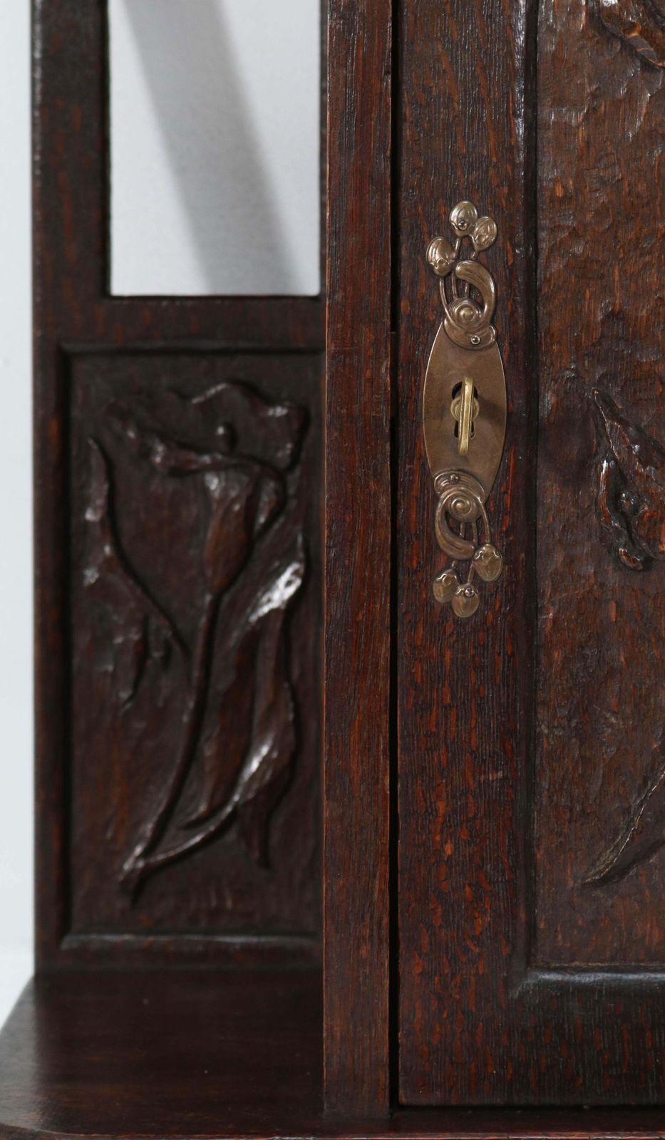 photo furniture Oak Arts & Crafts Art Nouveau Wall Cabinet With Calla Lilies, 1900s