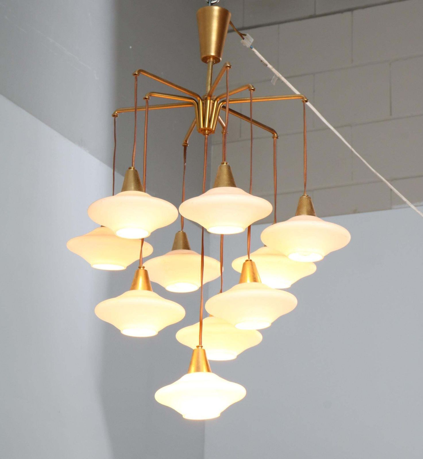Mid Century Modern Chandelier With Ten Milk Glass Shades, 1960s photo for sale