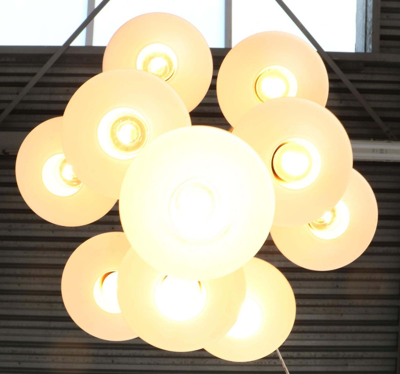 photo furniture Mid Century Modern Chandelier With Ten Milk Glass Shades, 1960s