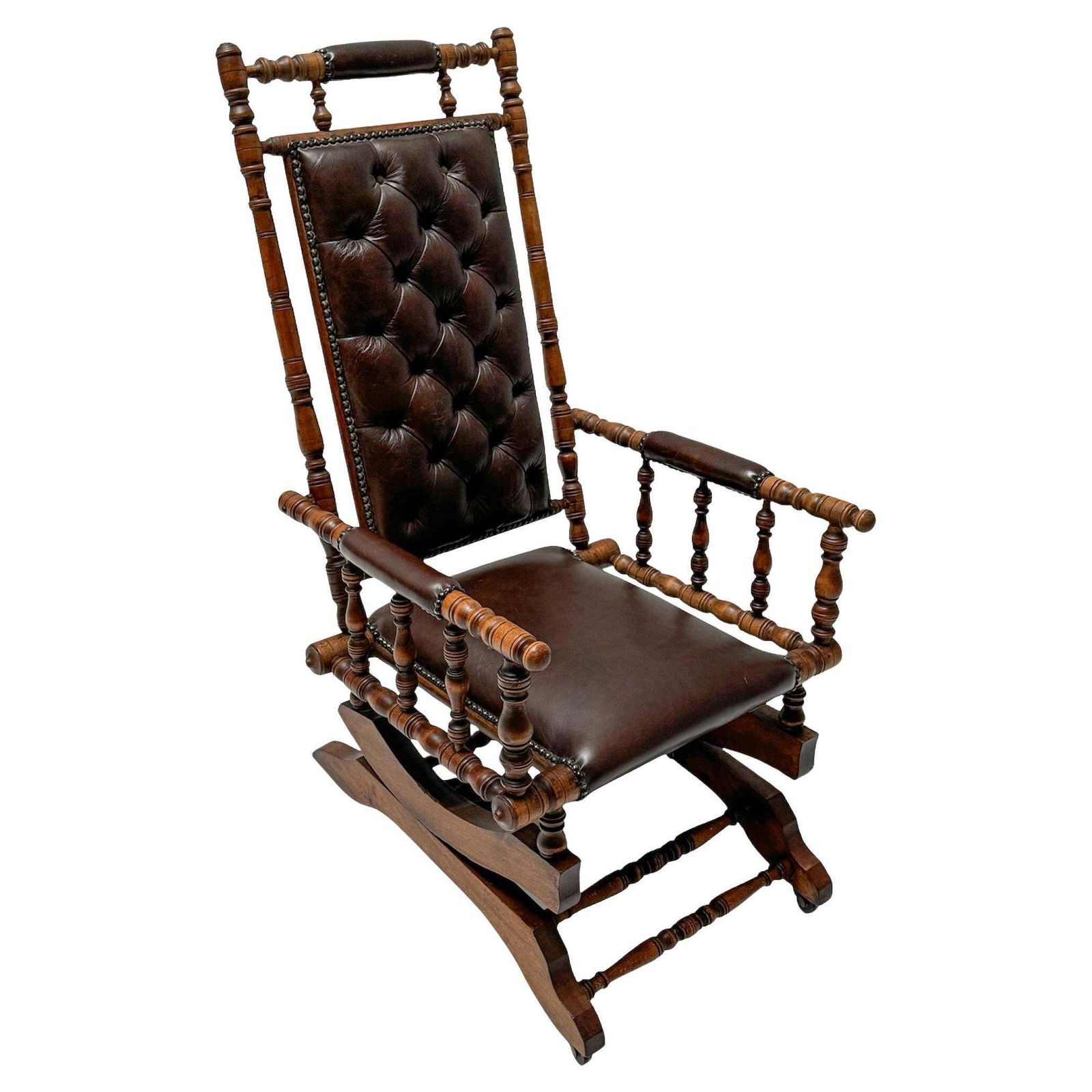 English Victorian Rocking Chair With Leather Upholstery, 1890s