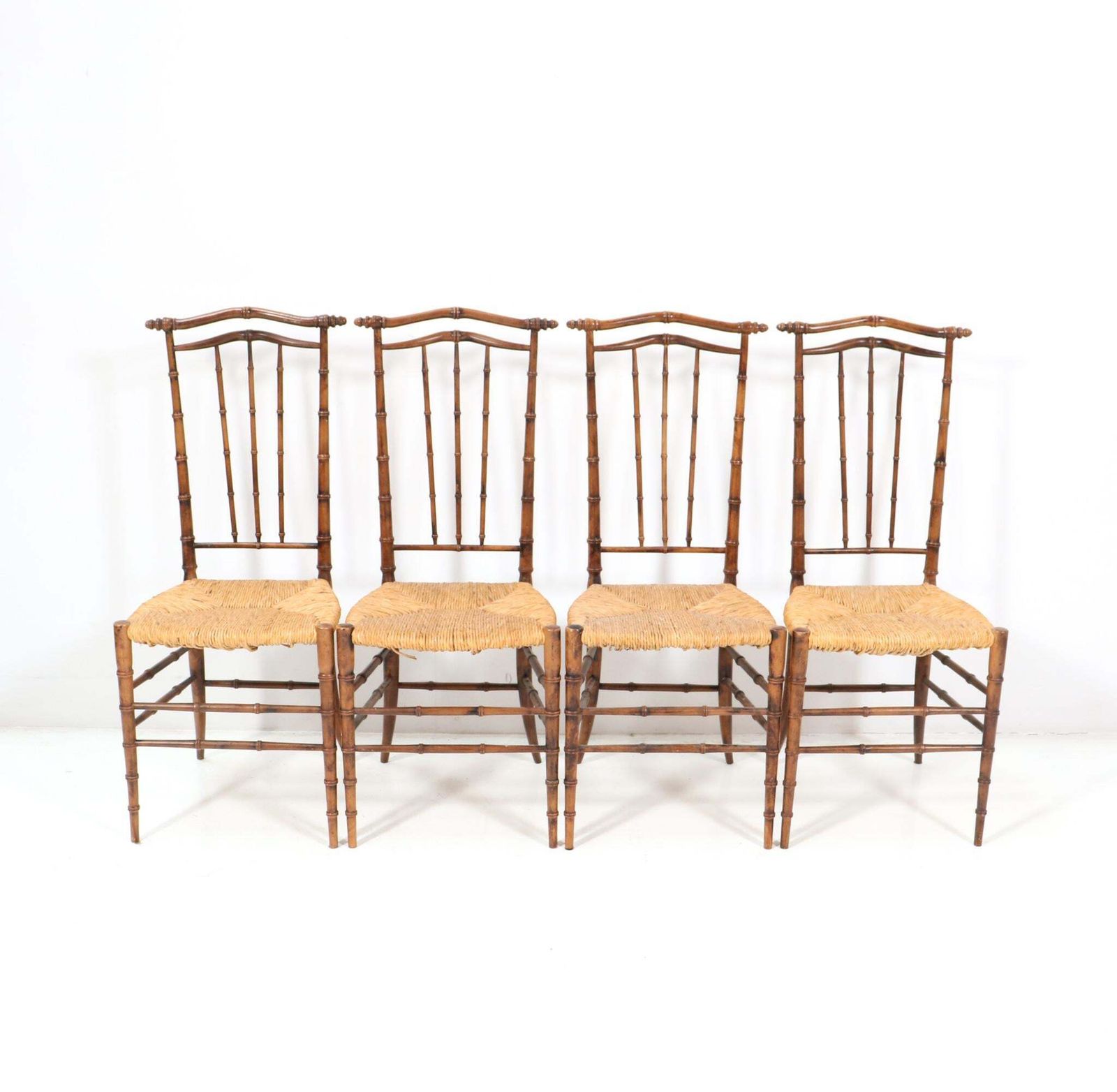 Four Beech Mid Century Modern Faux Bamboo High Back Dining Room Chairs, 1970s photo furniture