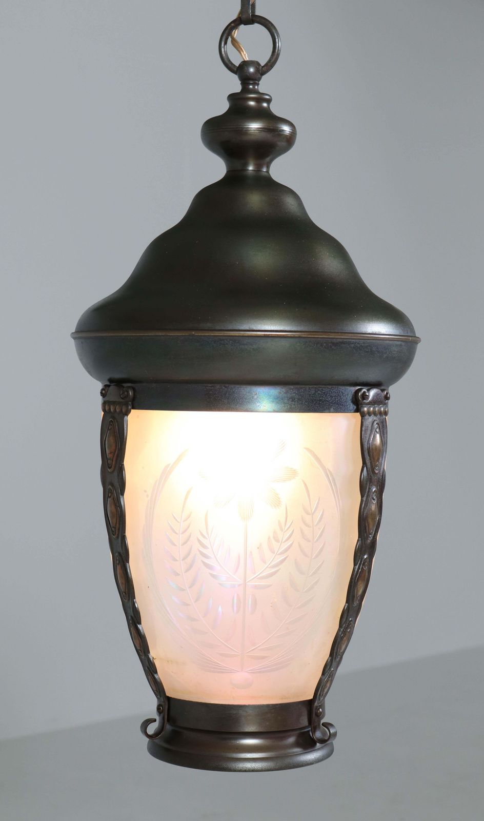 990.0 Brass Art Nouveau Lantern Or Pendant Lamp With Petrol Glass Shade, 1900s photo