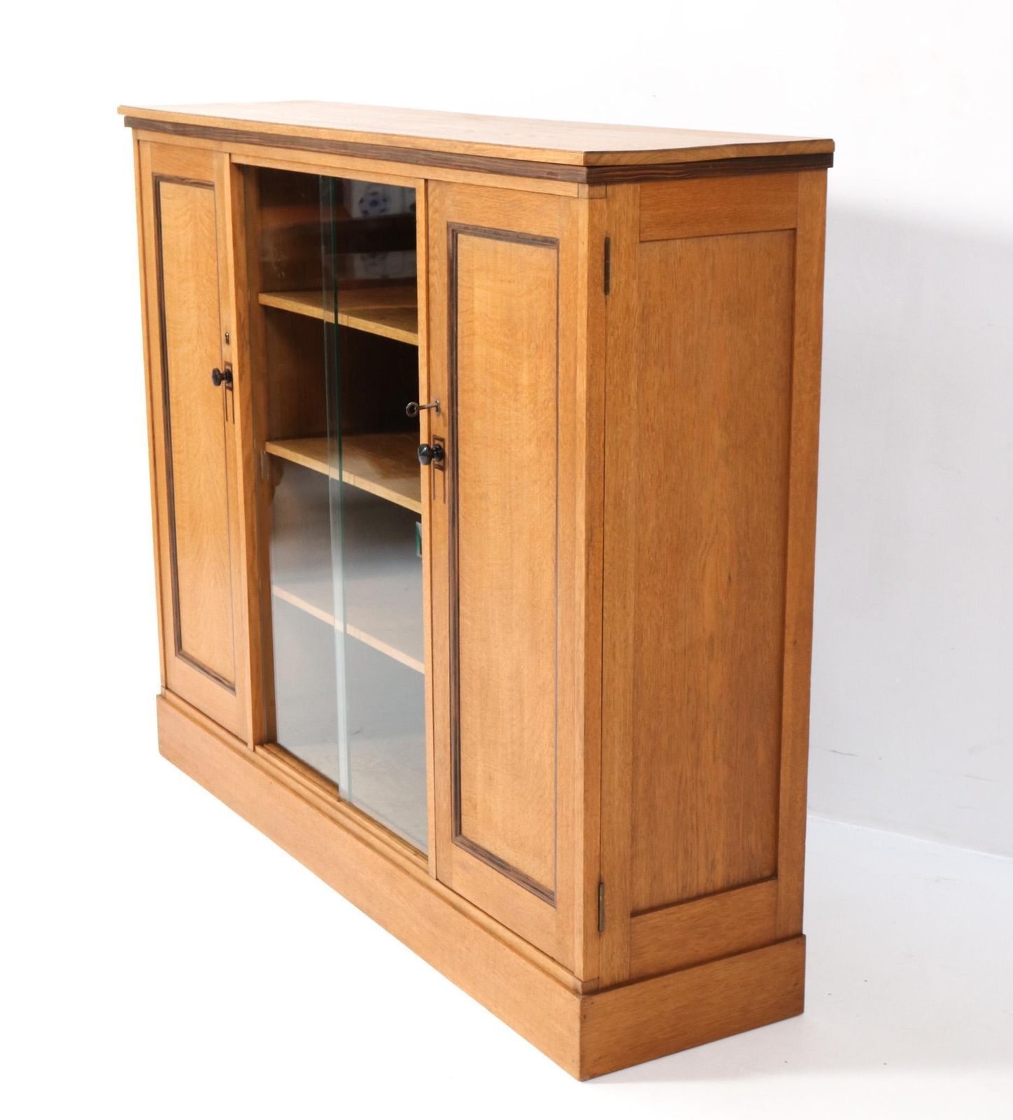 photo furniture Art Deco Modernist Oak Bookcase With Glass Sliding Doors, 1920s