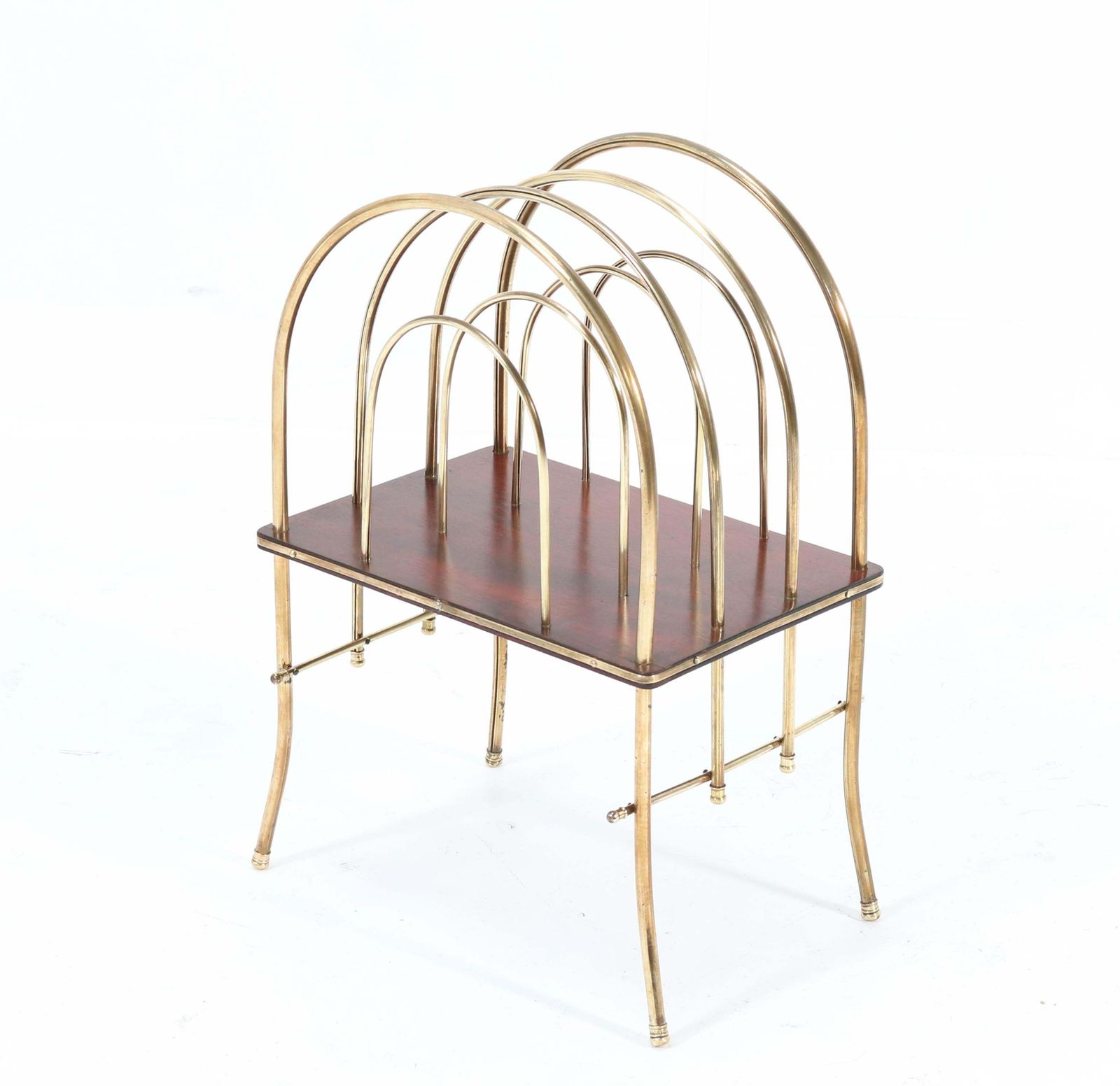 French Brass And Mahogany Art Nouveau Magazine Rack, 1900s photo vinterior