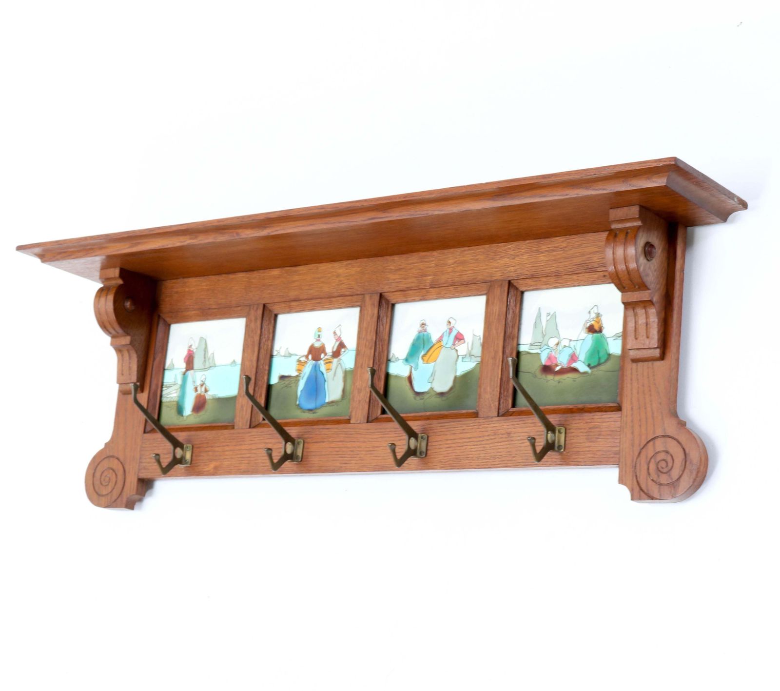 Oak Belgium Art Nouveau Wall Coat Rack With Tiles, 1900s photo Furniture