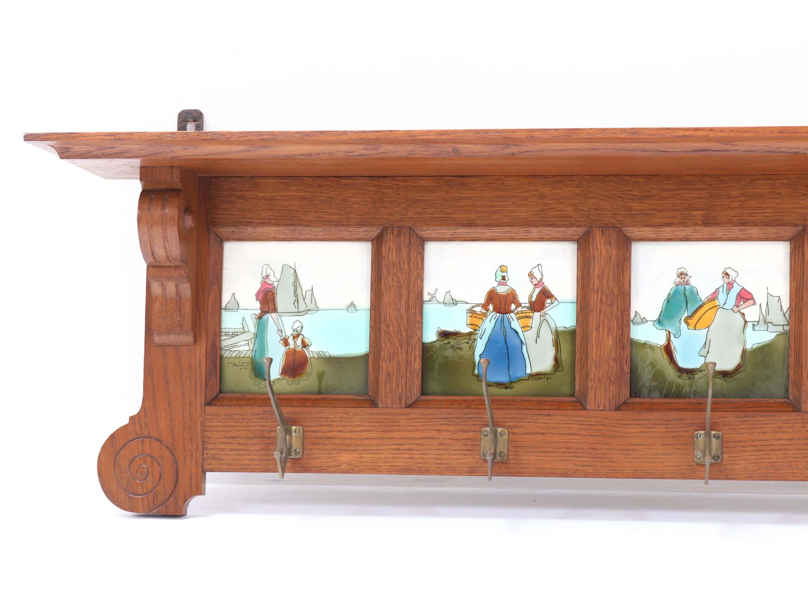 Oak Belgium Art Nouveau Wall Coat Rack With Tiles, 1900s photo buy