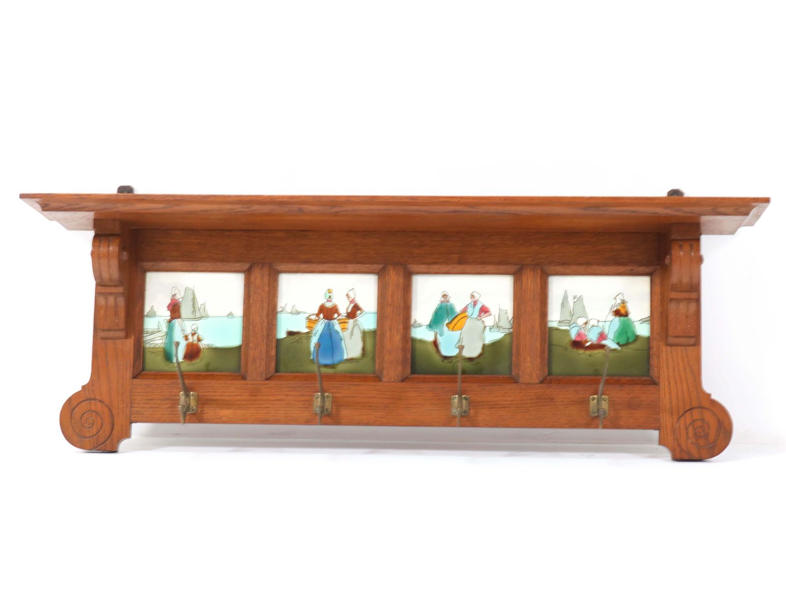Oak Belgium Art Nouveau Wall Coat Rack With Tiles, 1900s photo vintage