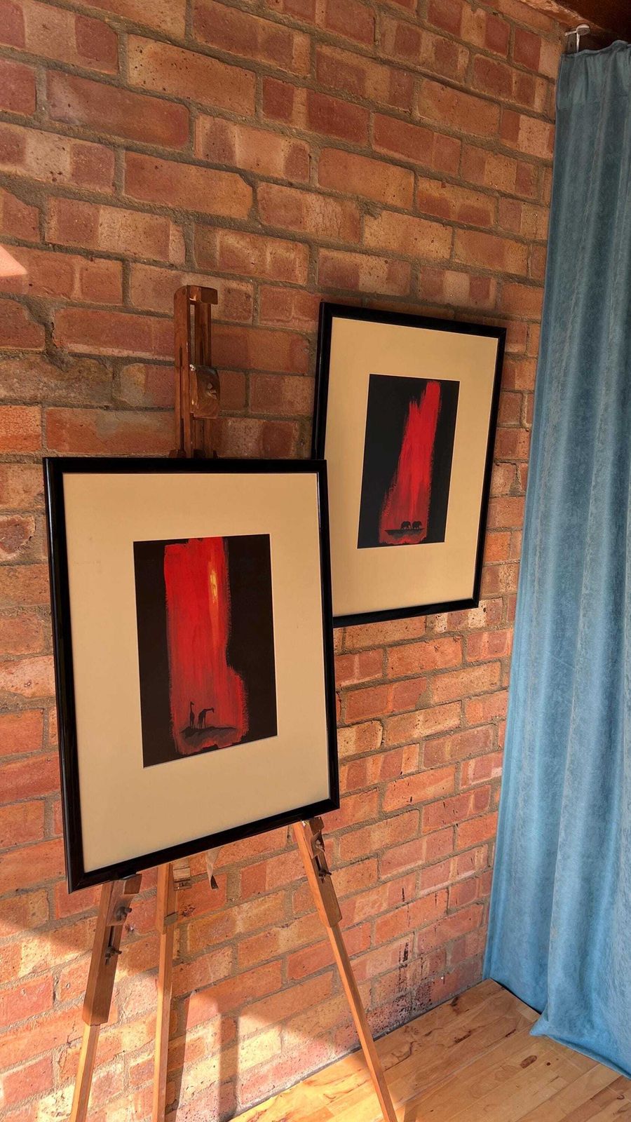 Set Of Two Contemporary Fine Art Prints – Red And Black Elephant & Giraffe Scenes photo furniture