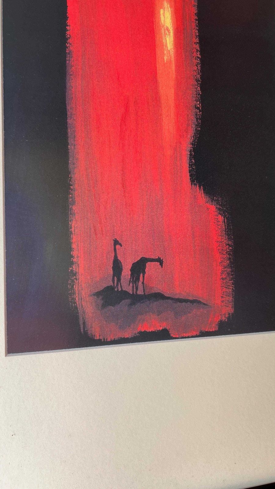 Set Of Two Contemporary Fine Art Prints – Red And Black Elephant & Giraffe Scenes photo Art