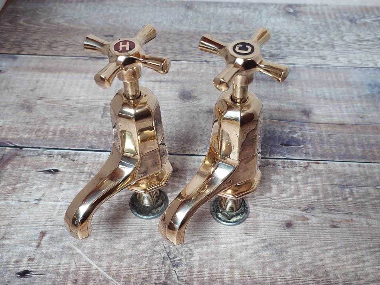 Original Art Deco Basin Taps, Polished Brass Taps, Antique Sink Faucets, Antique Bathroom Sink Taps, Overhauled And Ready To Fit photo 240.0