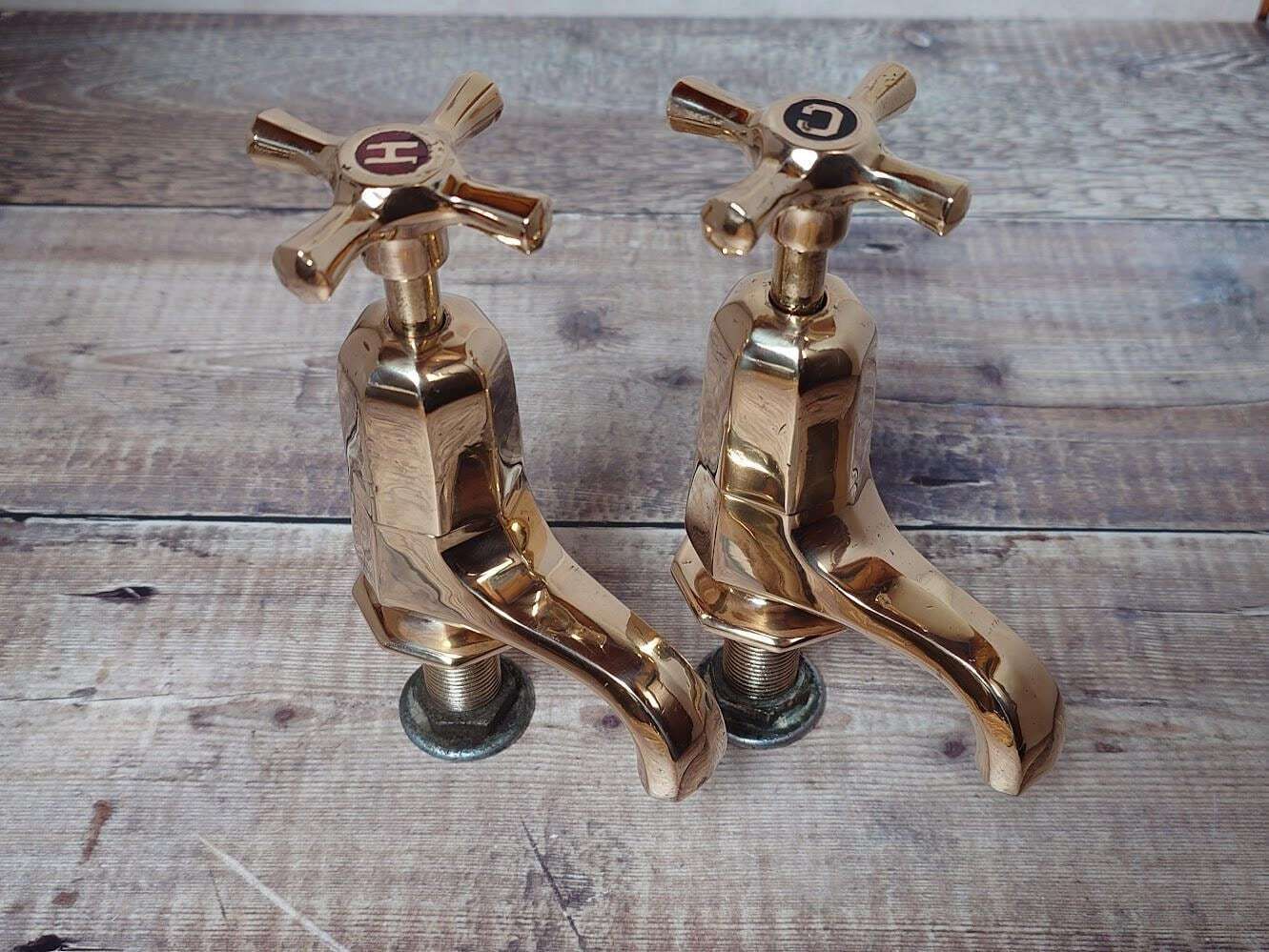 Original Art Deco Basin Taps, Polished Brass Taps, Antique Sink Faucets, Antique Bathroom Sink Taps, Overhauled And Ready To Fit photo vinterior