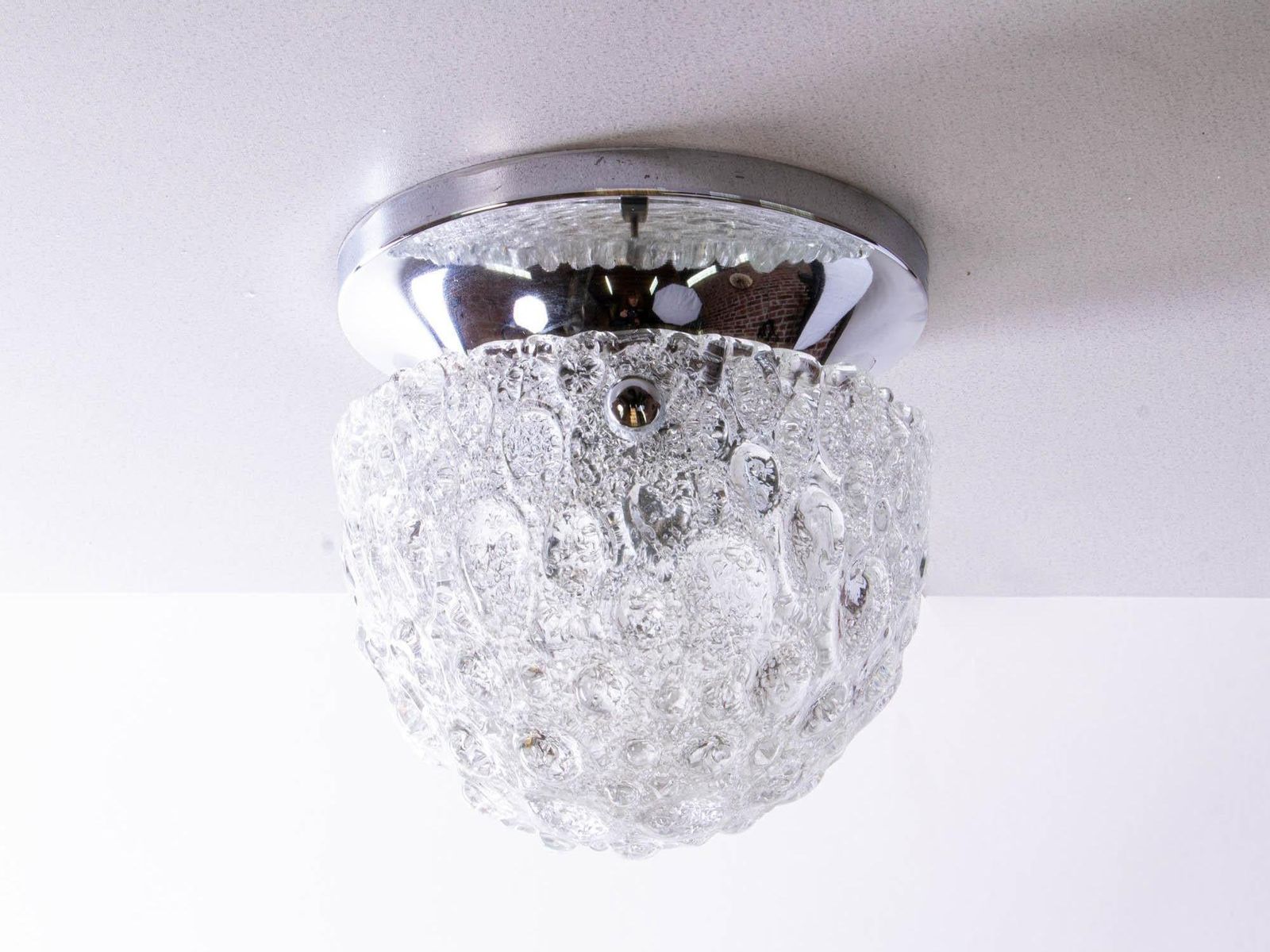 1 (Of 2) Murano Mushroom Flush Mount Iced Glass & Chrome Hillebrand Germany 1960 photo for sale
